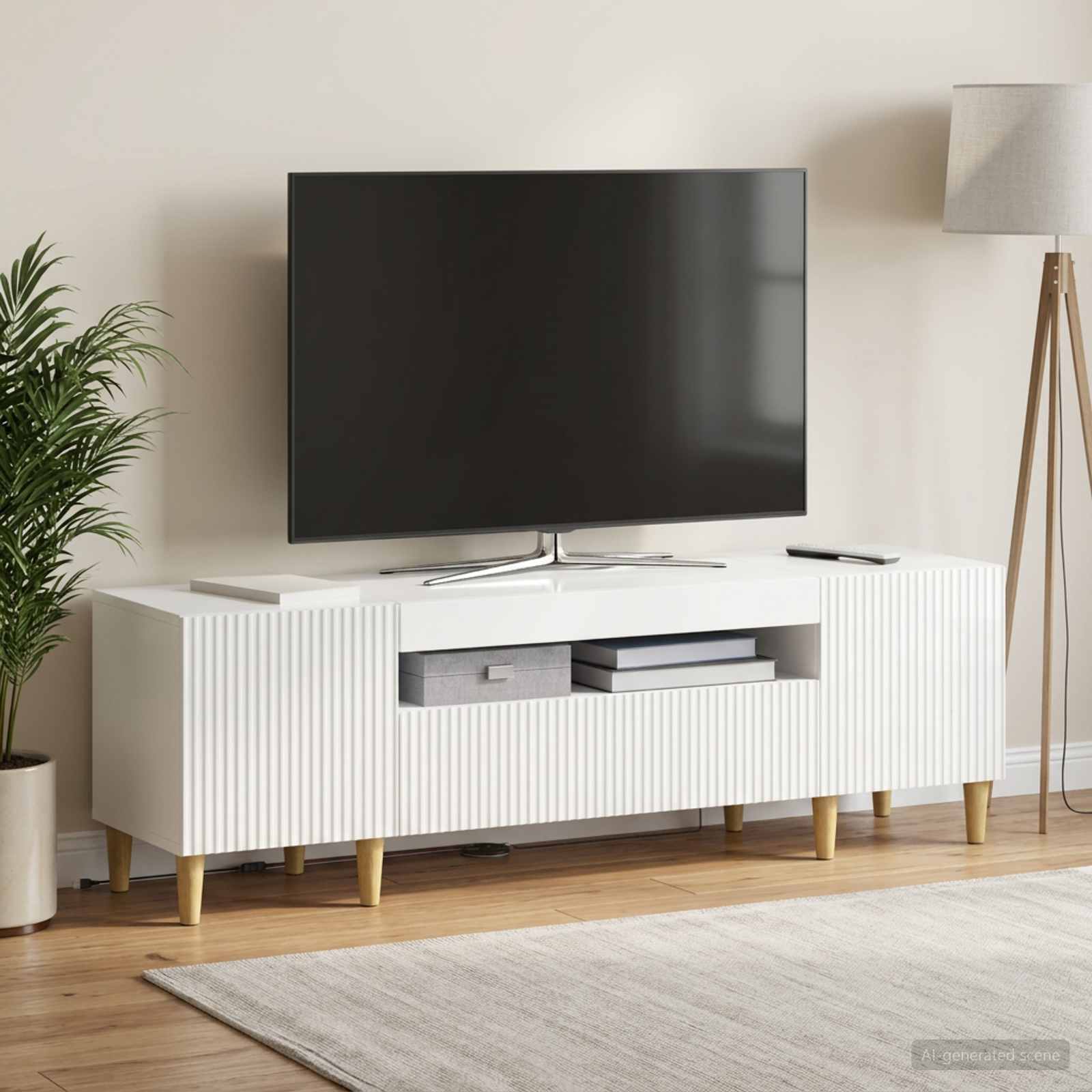 LED televizoriaus spintelė Itin blizgi balta Apdirbta mediena