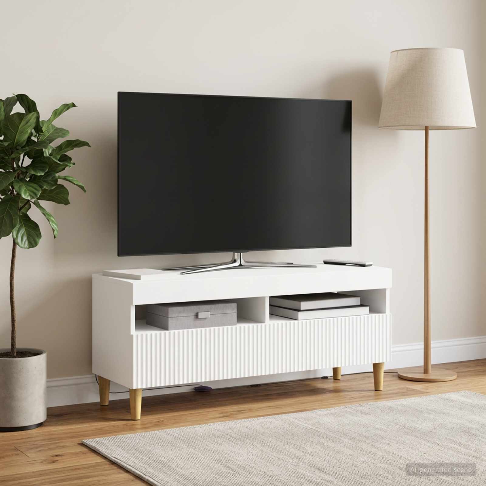 LED televizoriaus spintelė Balta Apdirbta mediena