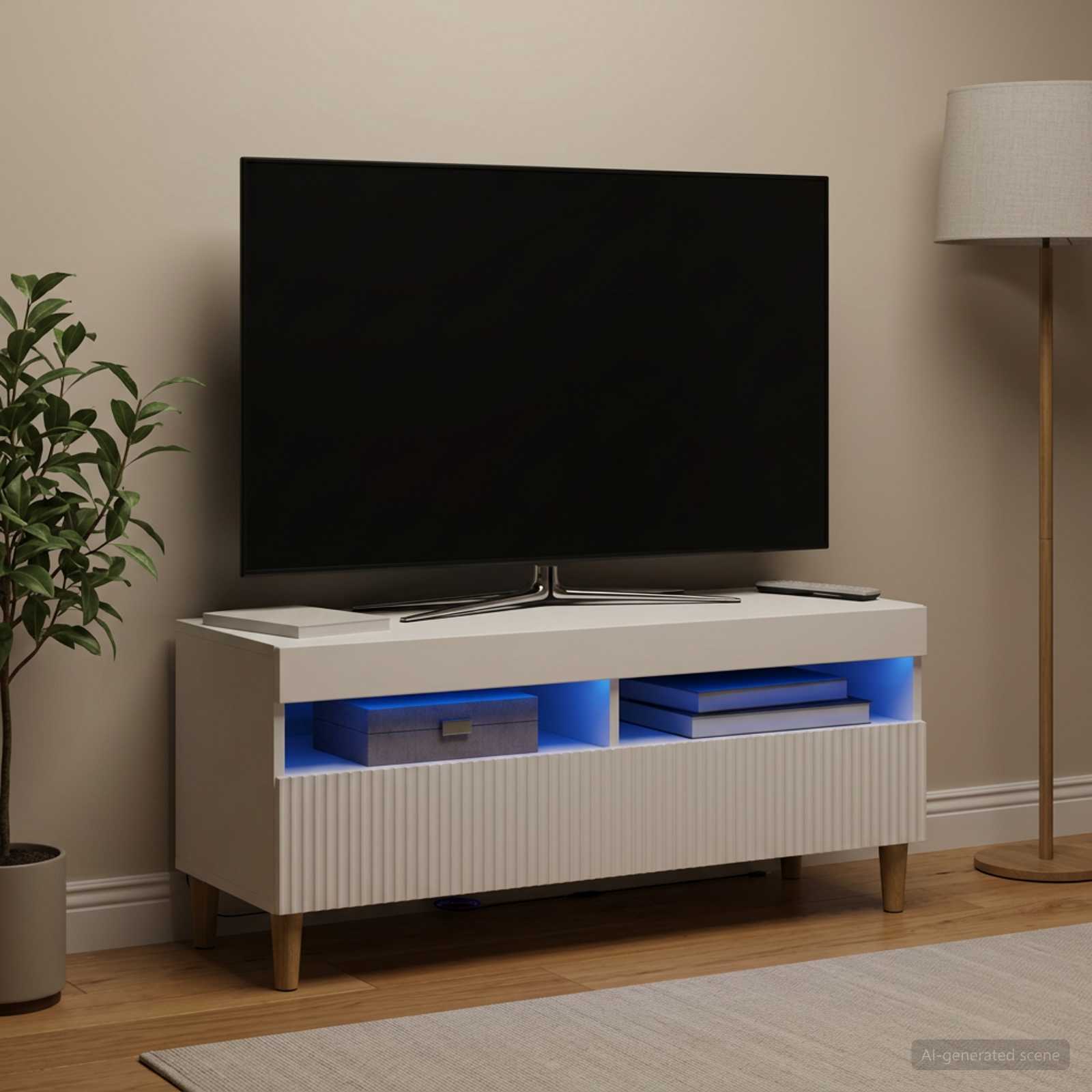 LED televizoriaus spintelė Balta Apdirbta mediena