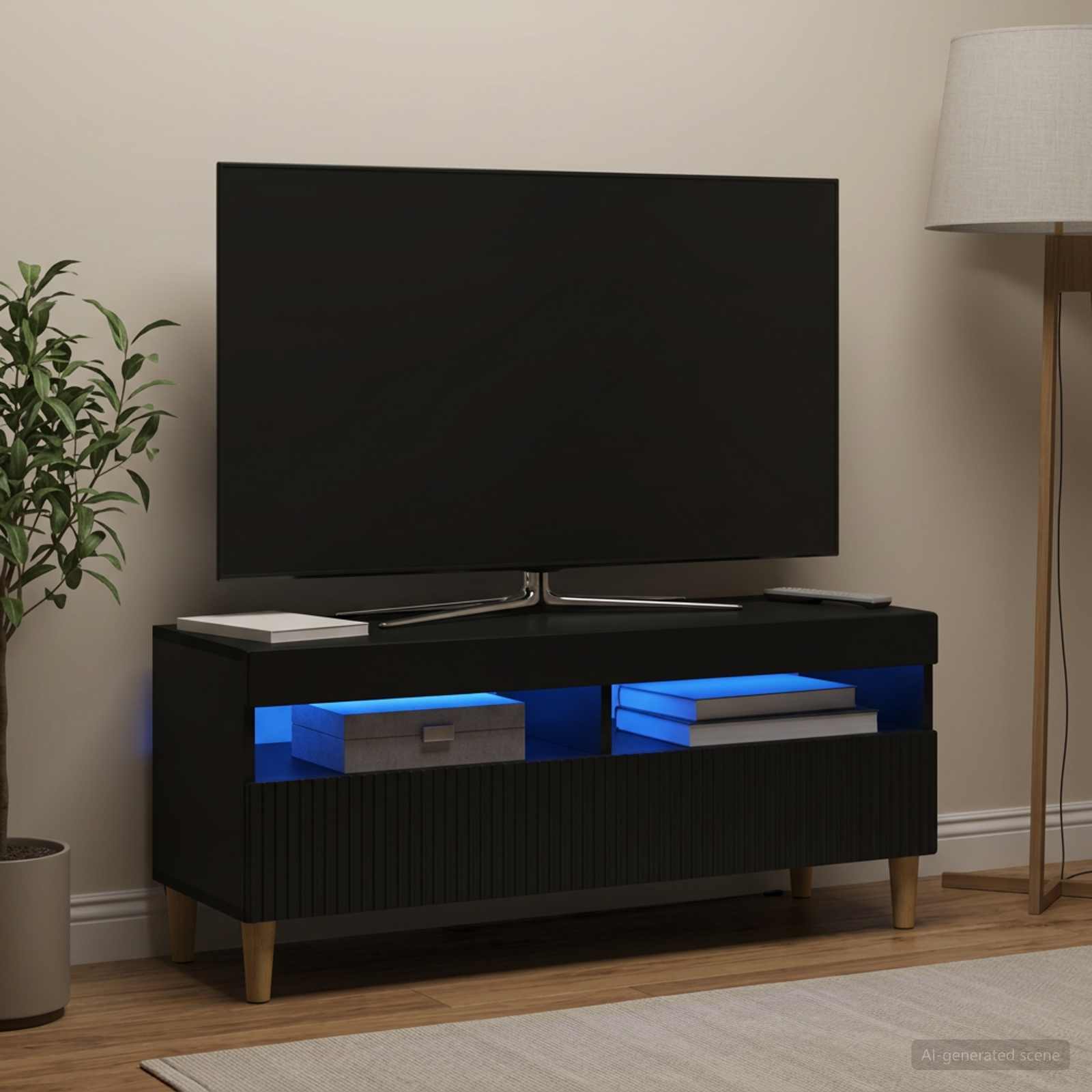 LED televizoriaus spintelė Juoda Apdirbta mediena
