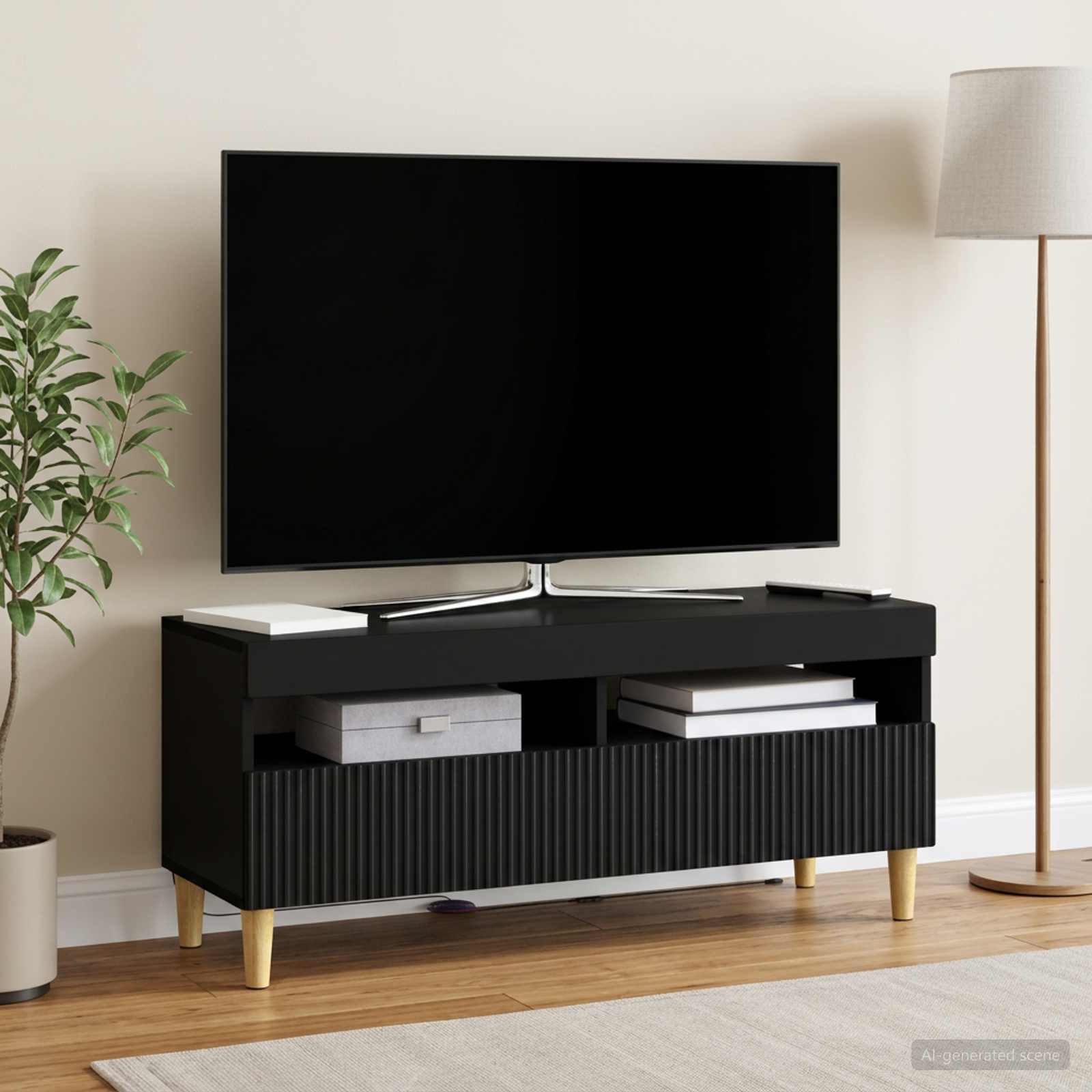 LED televizoriaus spintelė Juoda Apdirbta mediena
