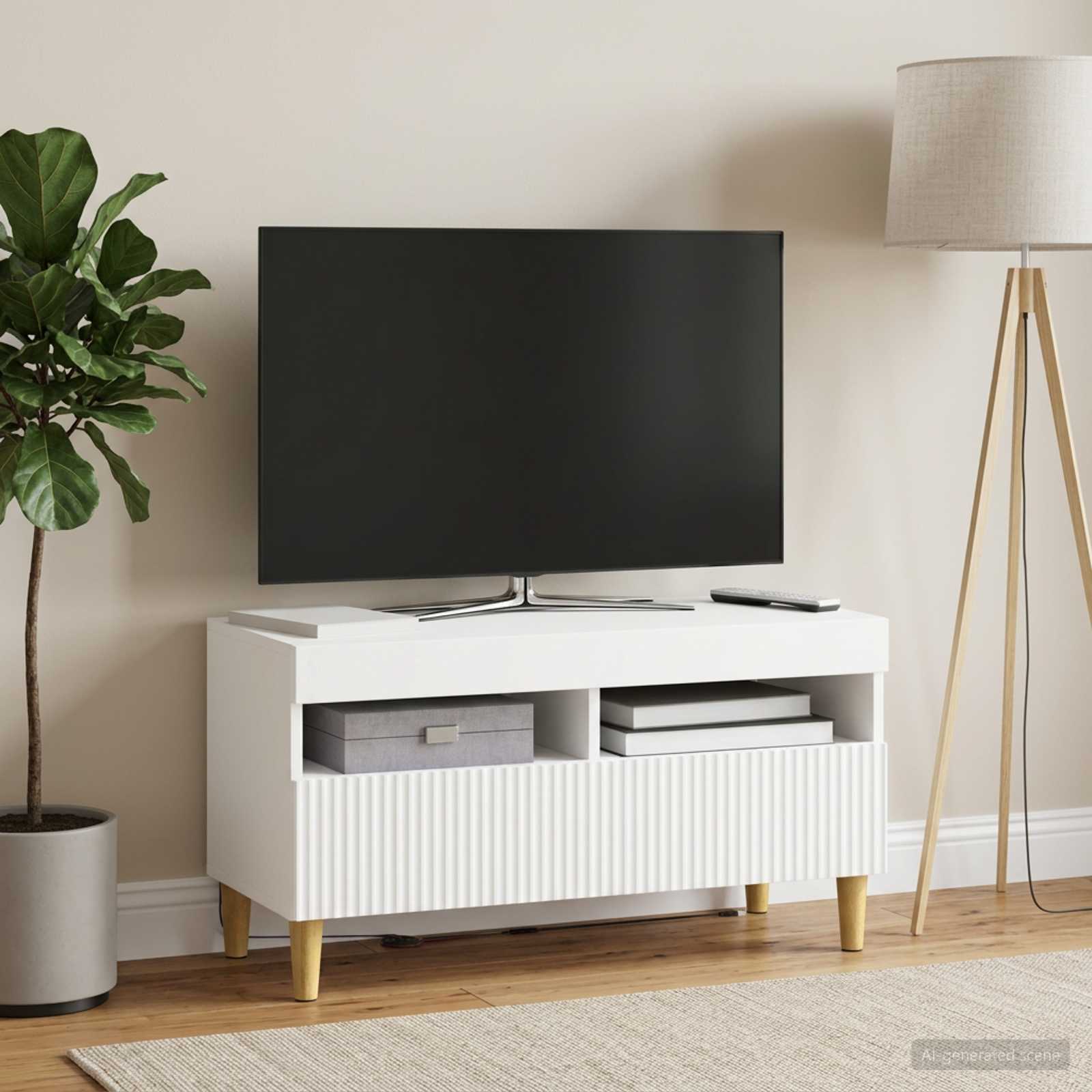 LED televizoriaus spintelė Balta Apdirbta mediena