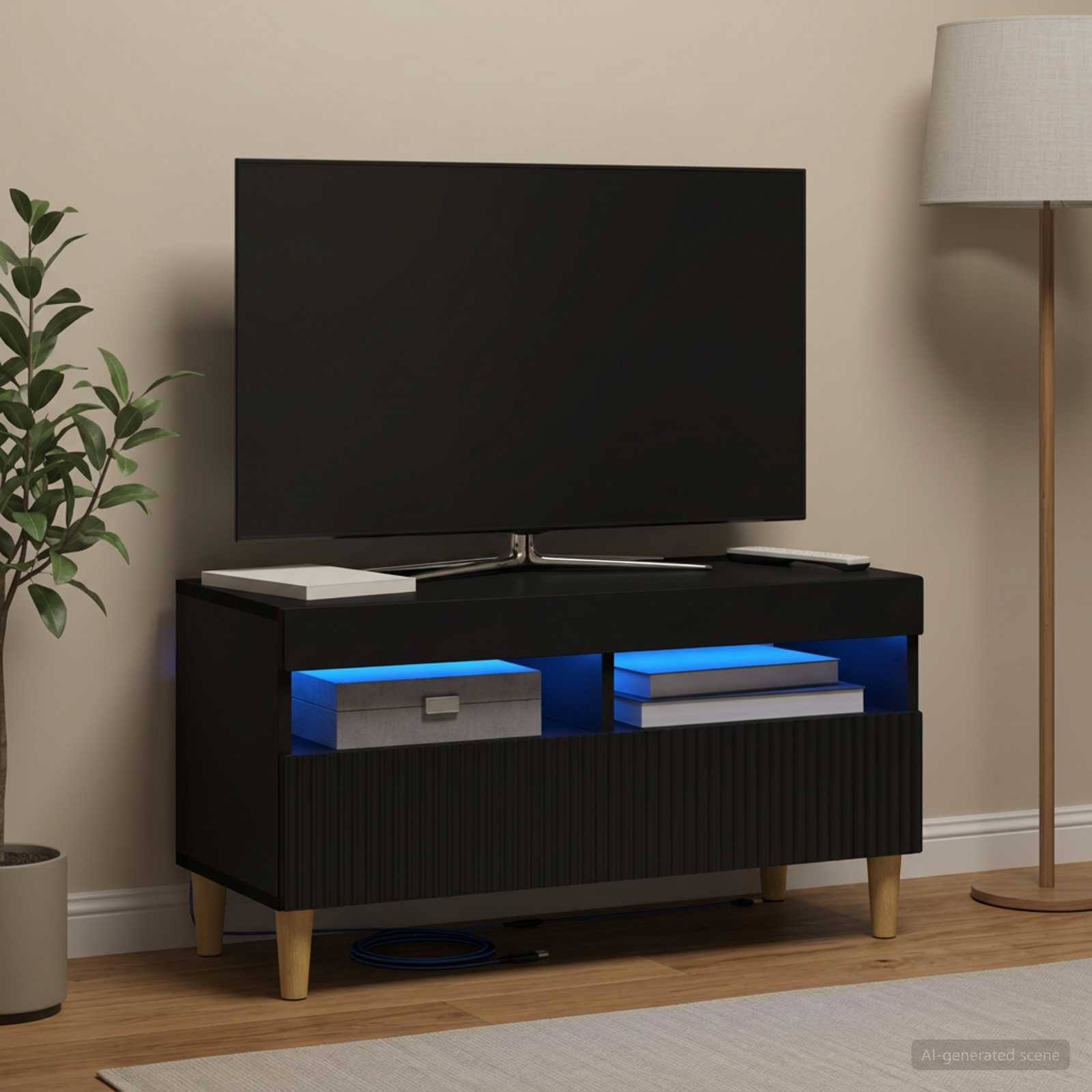 LED televizoriaus spintelė Juoda Apdirbta mediena