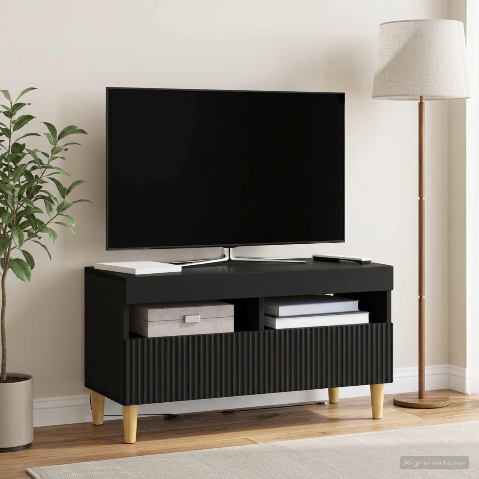 LED televizoriaus spintelė Juoda Apdirbta mediena
