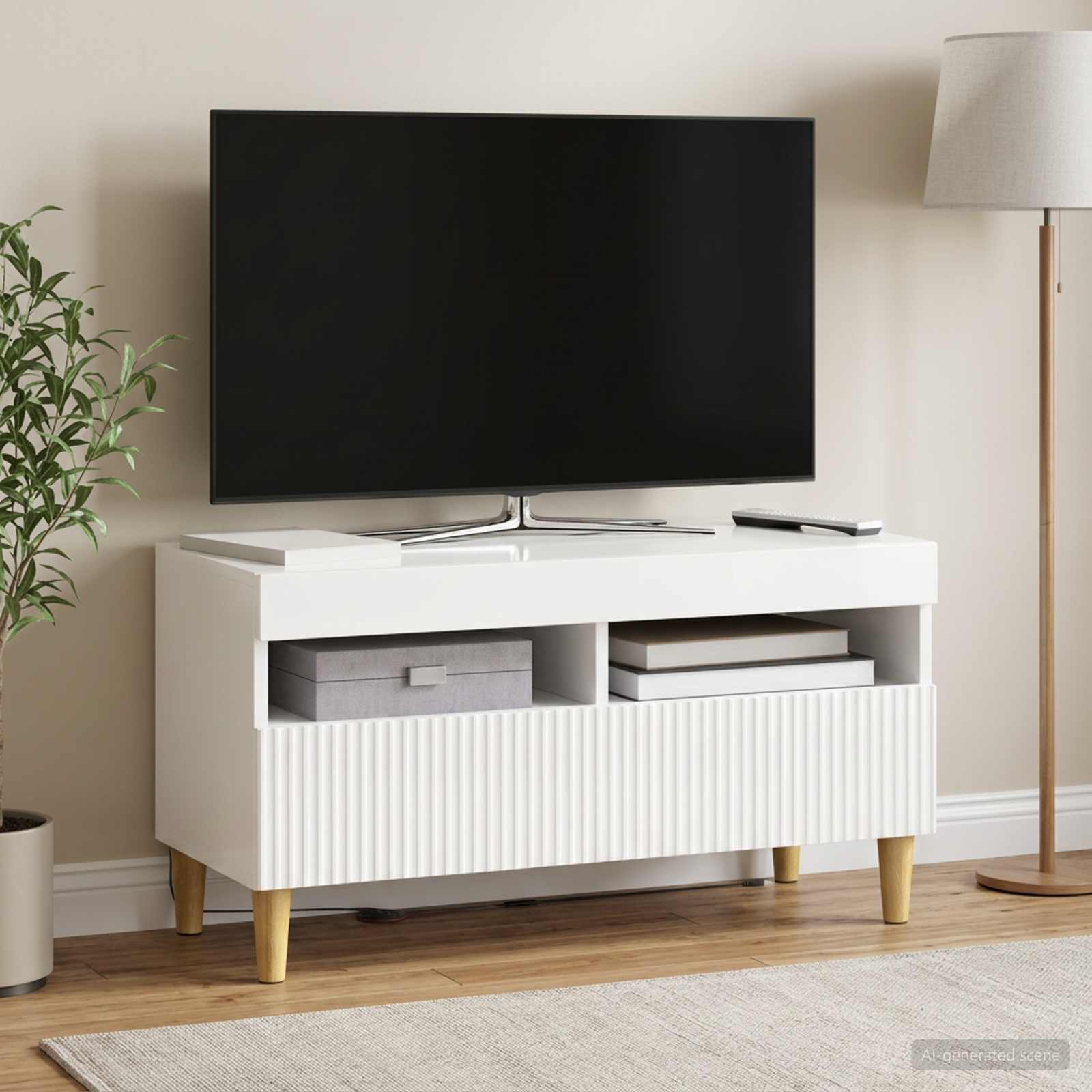 LED televizoriaus spintelė Itin blizgi balta Apdirbta mediena