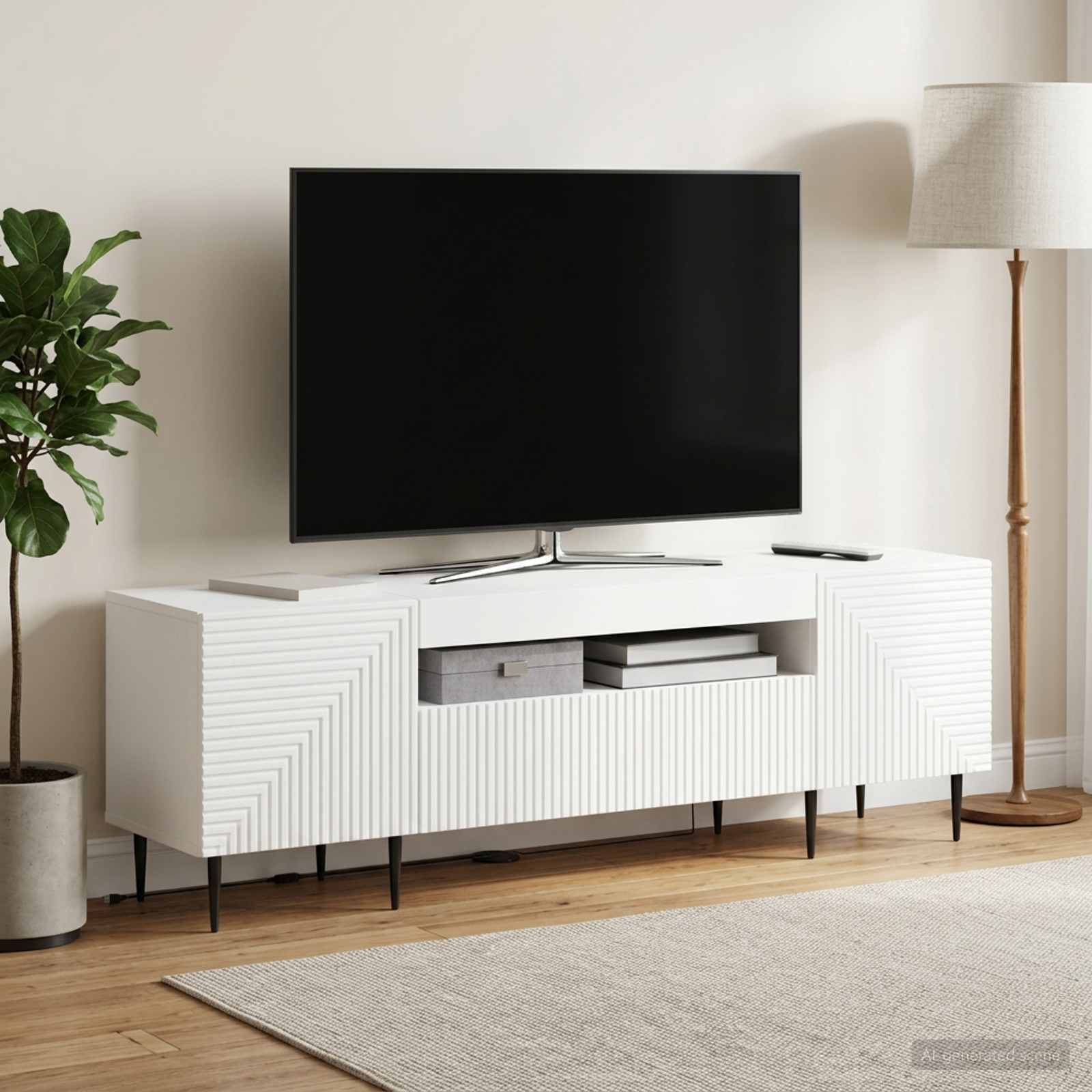 LED televizoriaus spintelė Balta Apdirbta mediena