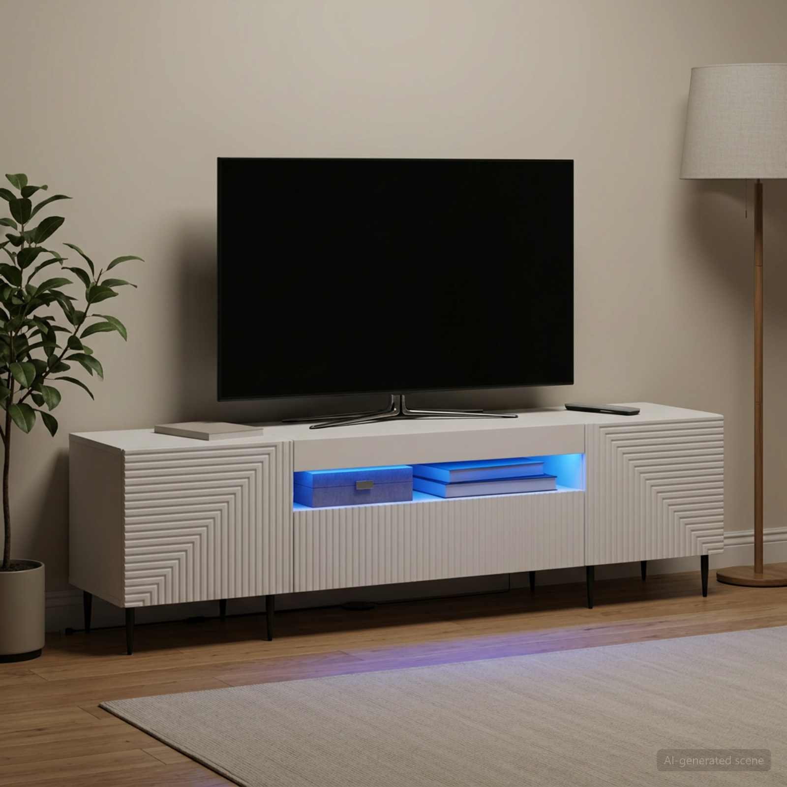 LED televizoriaus spintelė Balta Apdirbta mediena