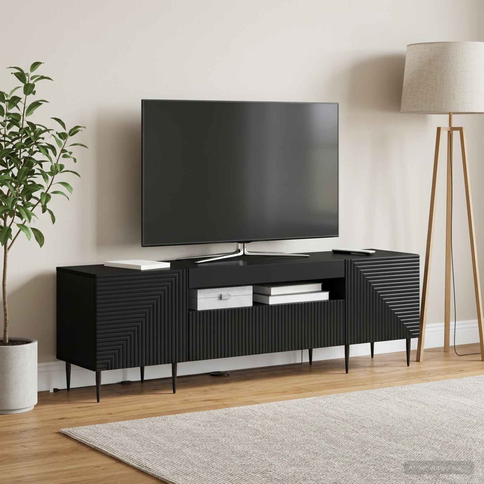 LED televizoriaus spintelė Juoda Apdirbta mediena