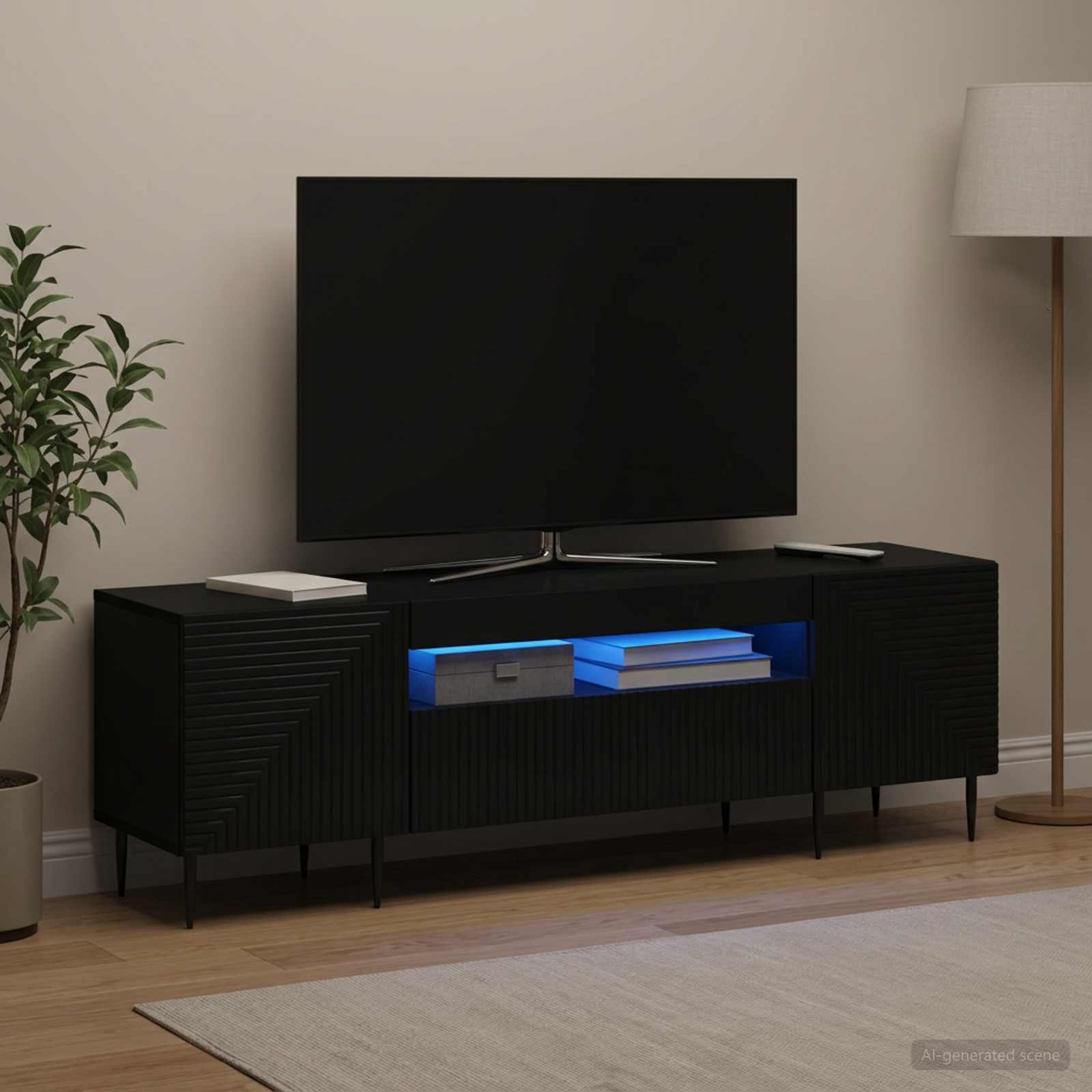 LED televizoriaus spintelė Juoda Apdirbta mediena