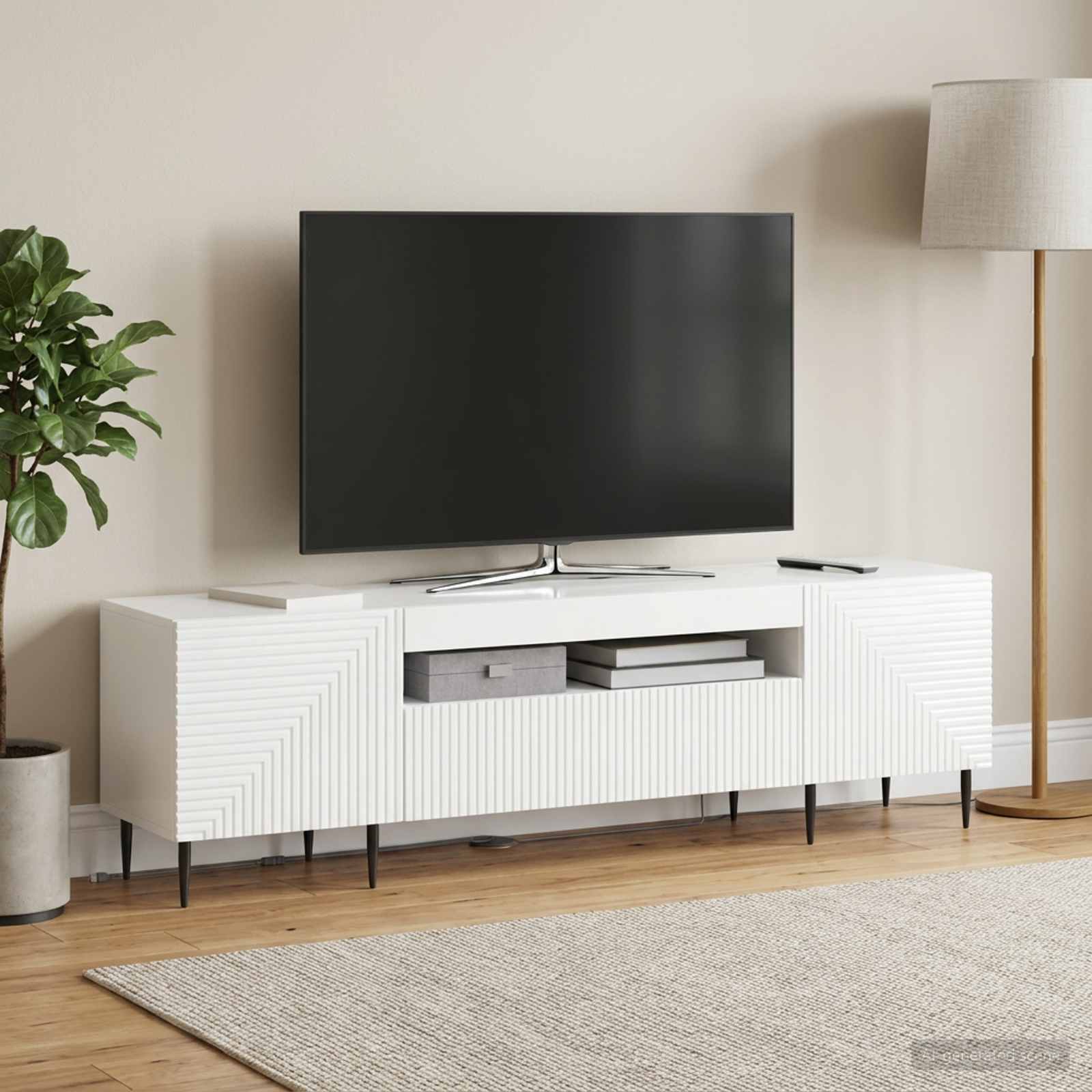 LED televizoriaus spintelė Itin blizgi balta Apdirbta mediena