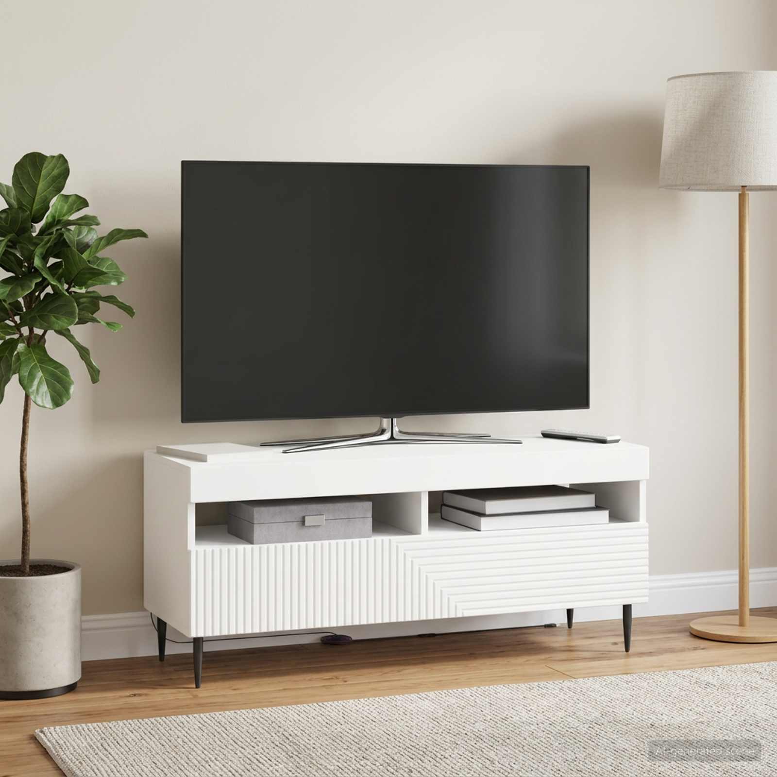 LED televizoriaus spintelė Balta Apdirbta mediena