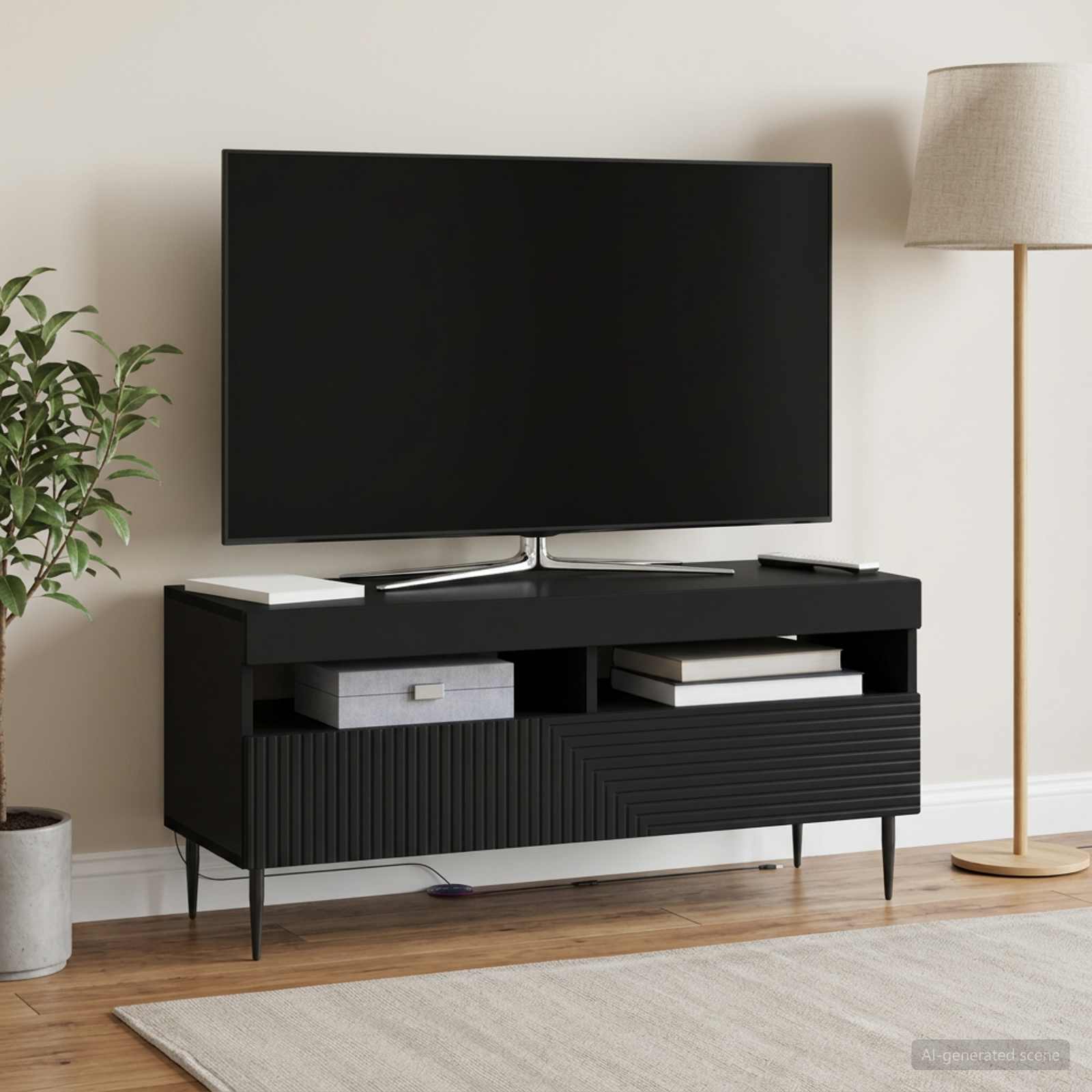 LED televizoriaus spintelė Juoda Apdirbta mediena