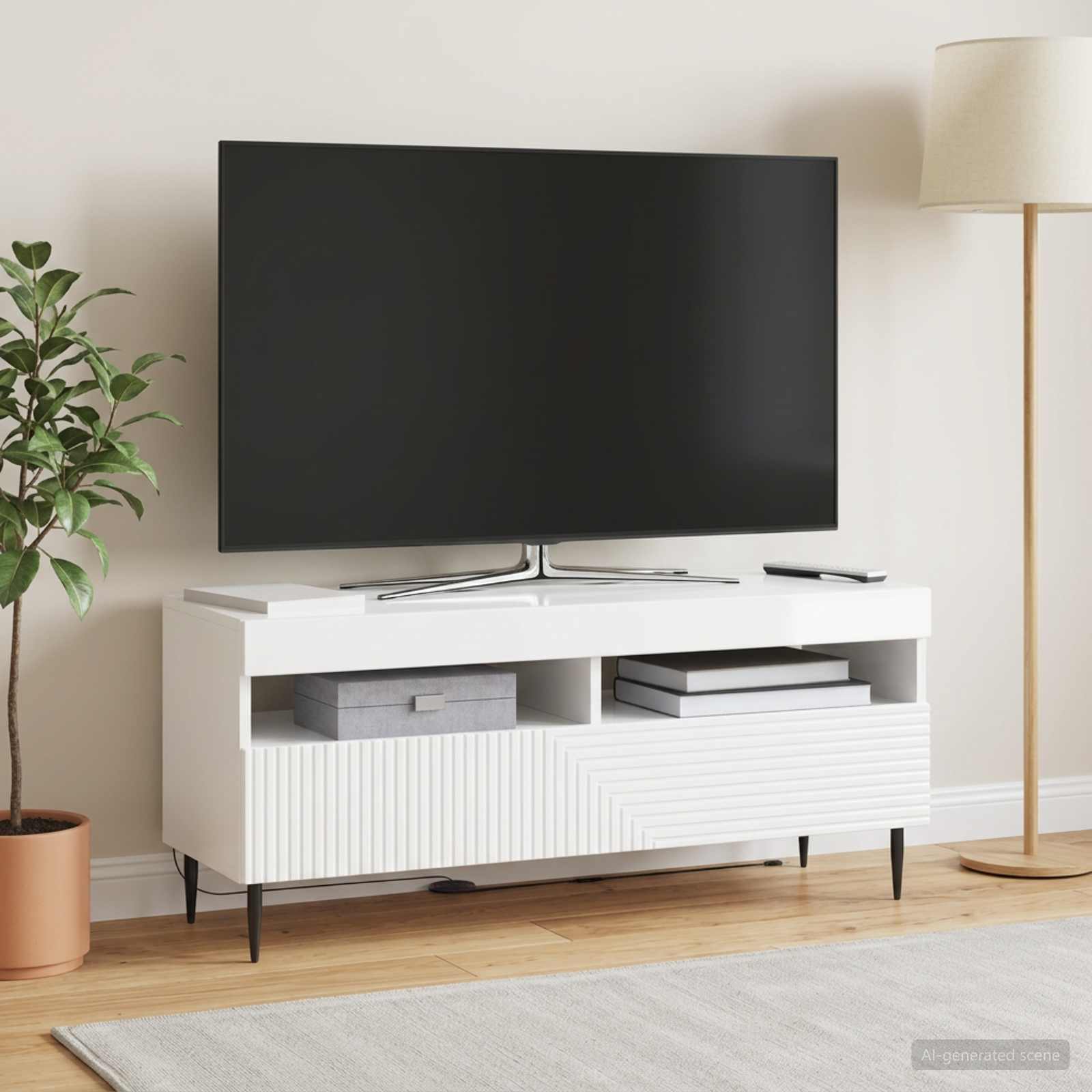 LED televizoriaus spintelė Itin blizgi balta Apdirbta mediena