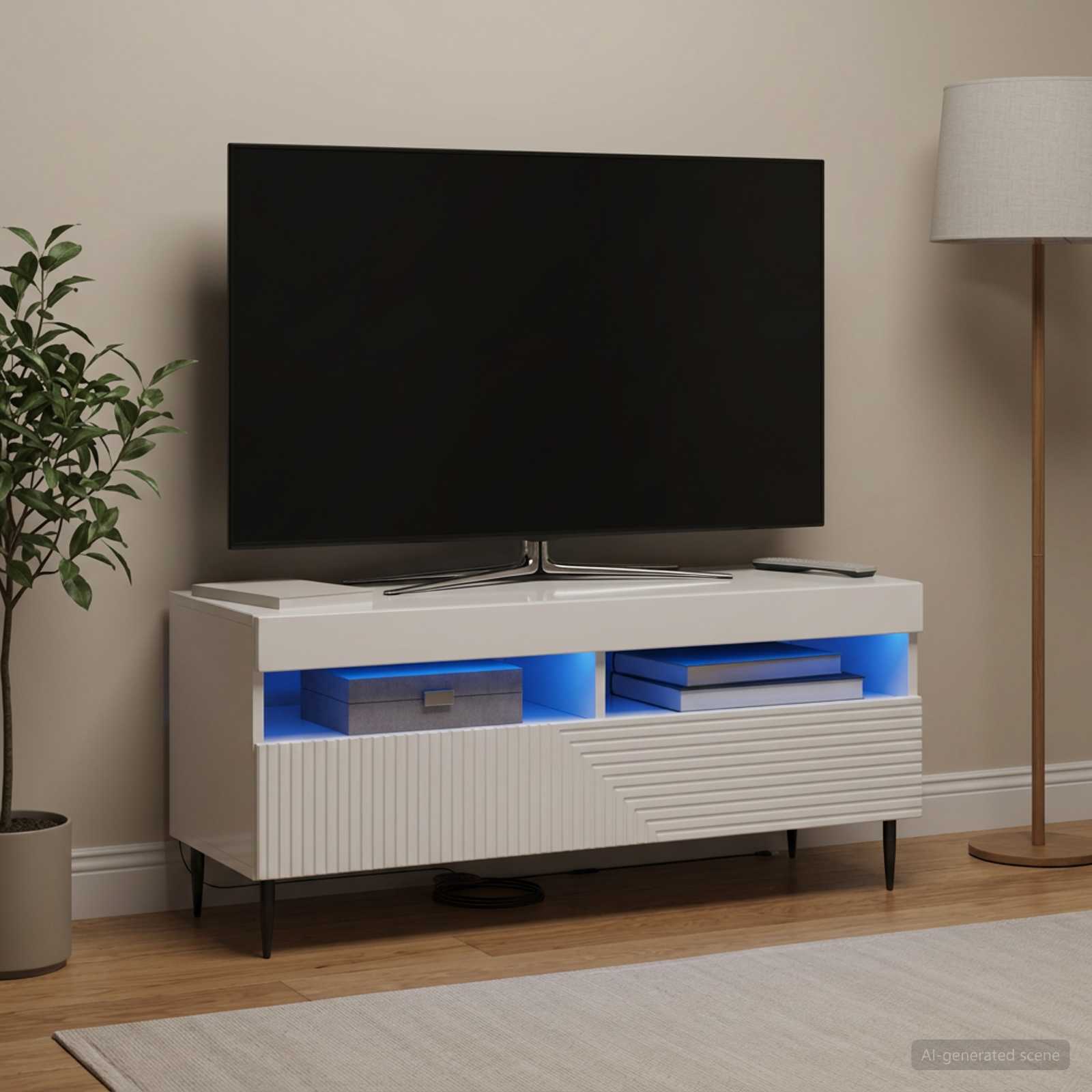 LED televizoriaus spintelė Itin blizgi balta Apdirbta mediena
