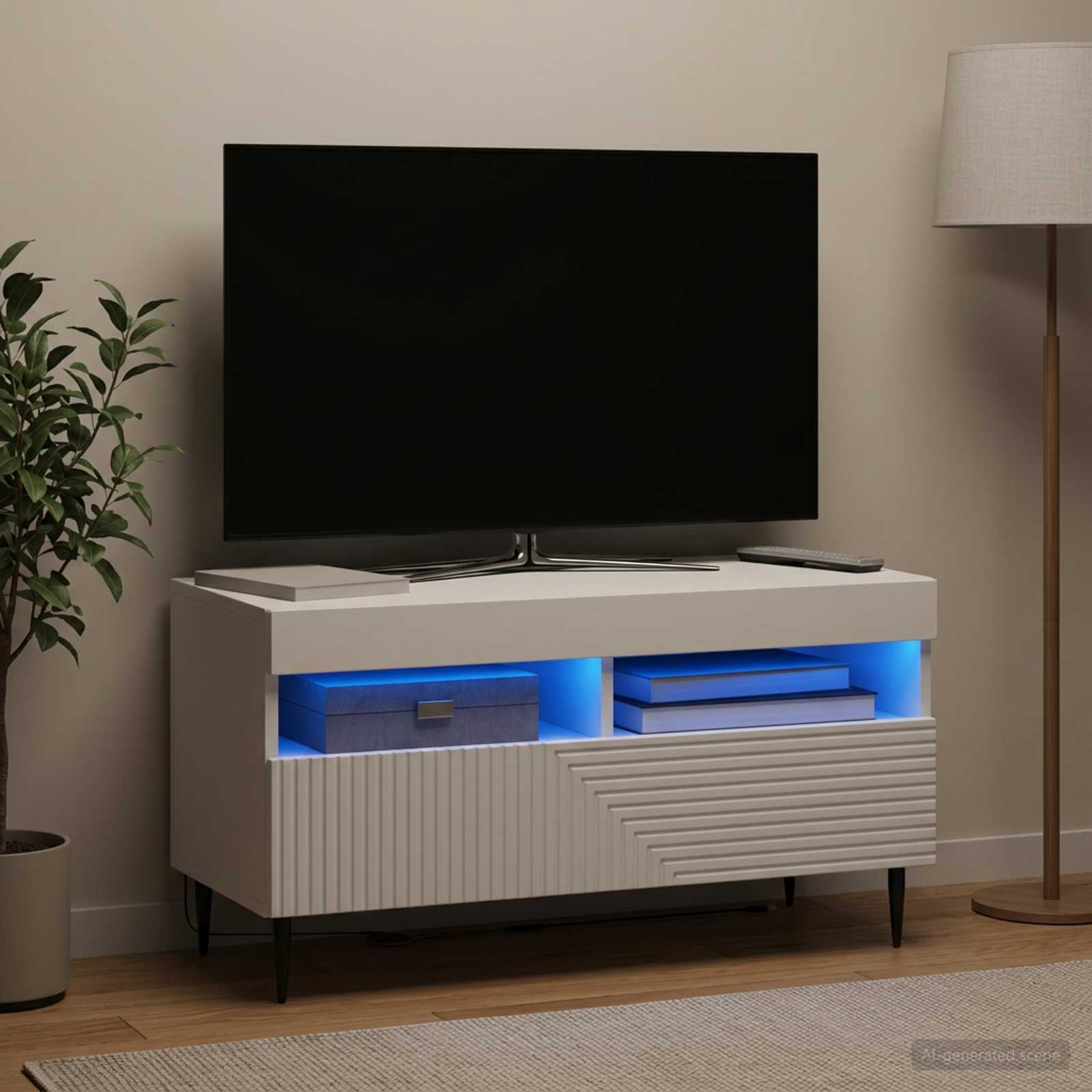 LED televizoriaus spintelė Balta Apdirbta mediena