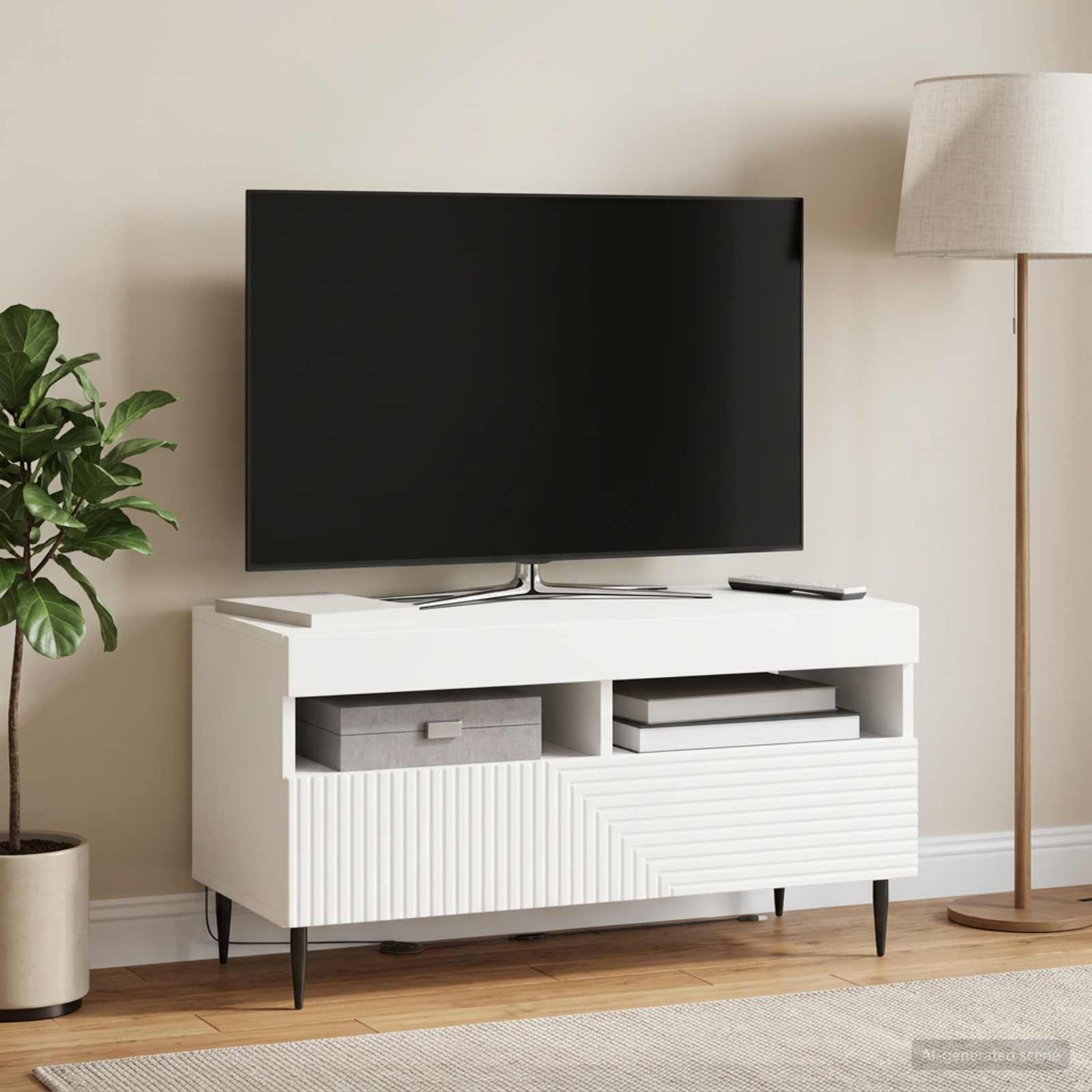 LED televizoriaus spintelė Balta Apdirbta mediena