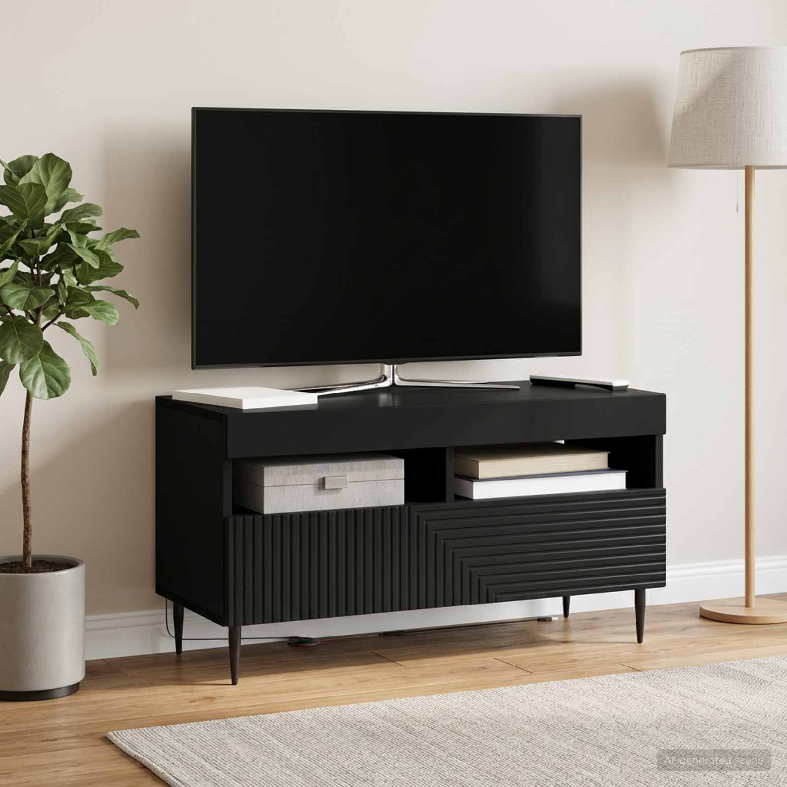 LED televizoriaus spintelė Juoda Apdirbta mediena