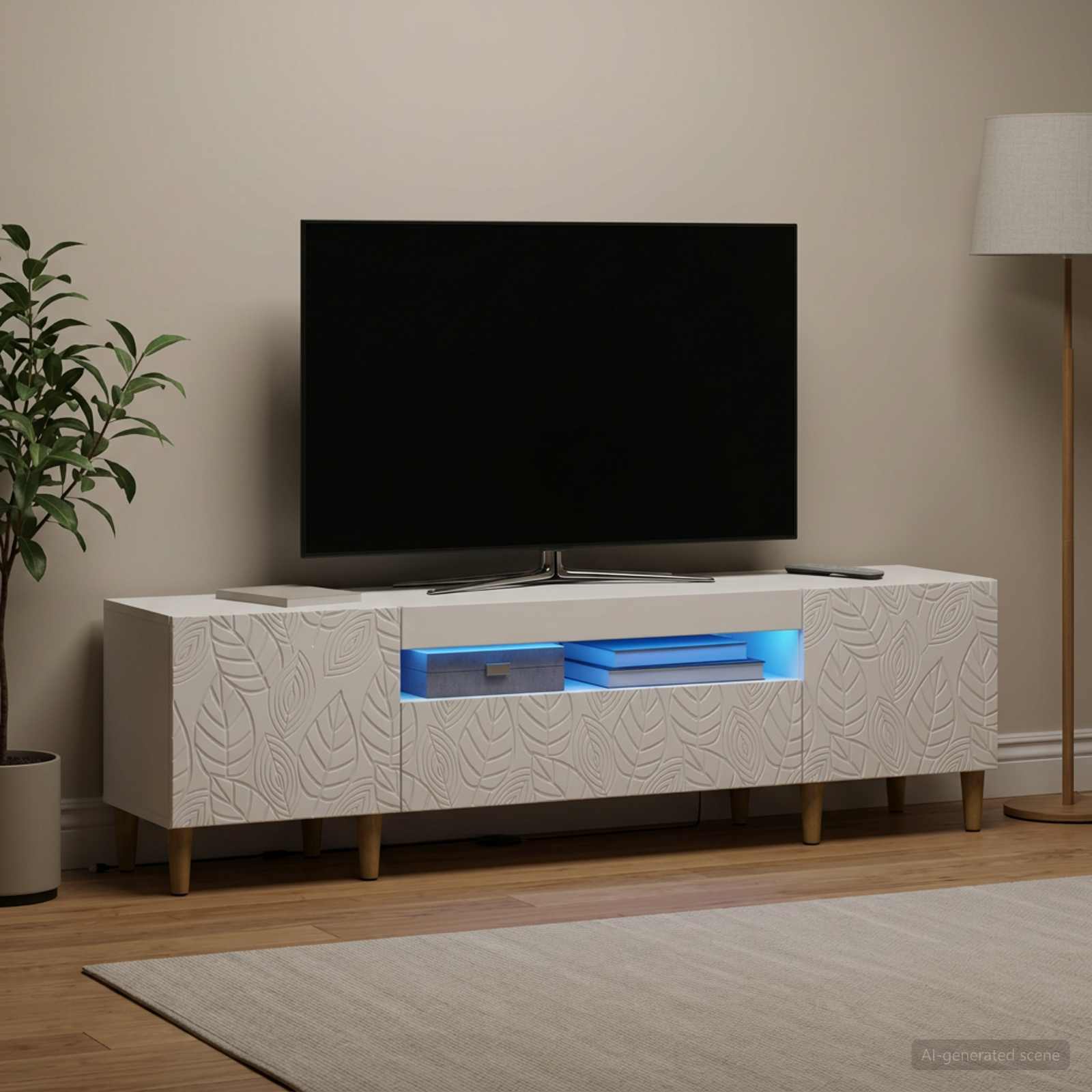 LED televizoriaus spintelė Balta Apdirbta mediena