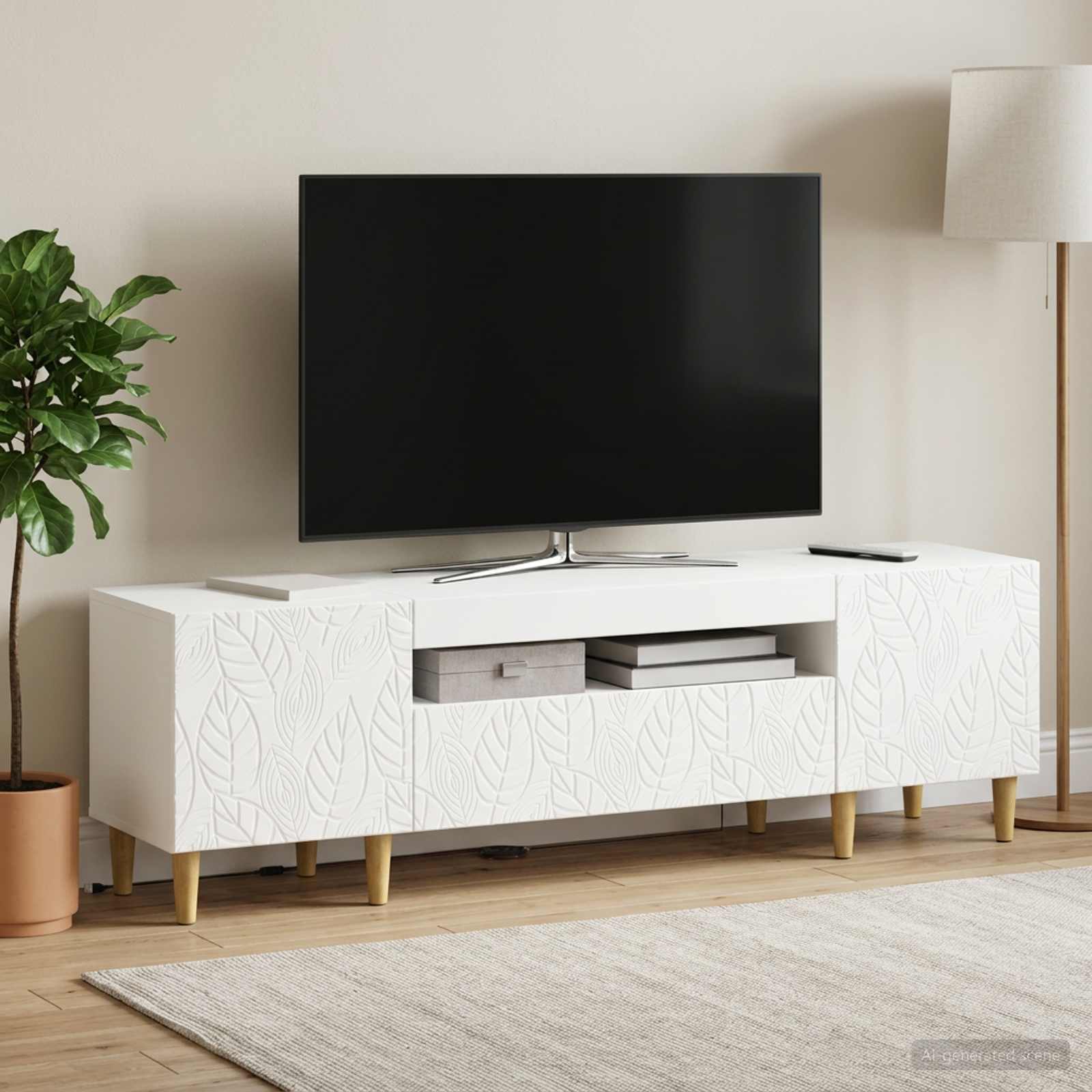 LED televizoriaus spintelė Balta Apdirbta mediena