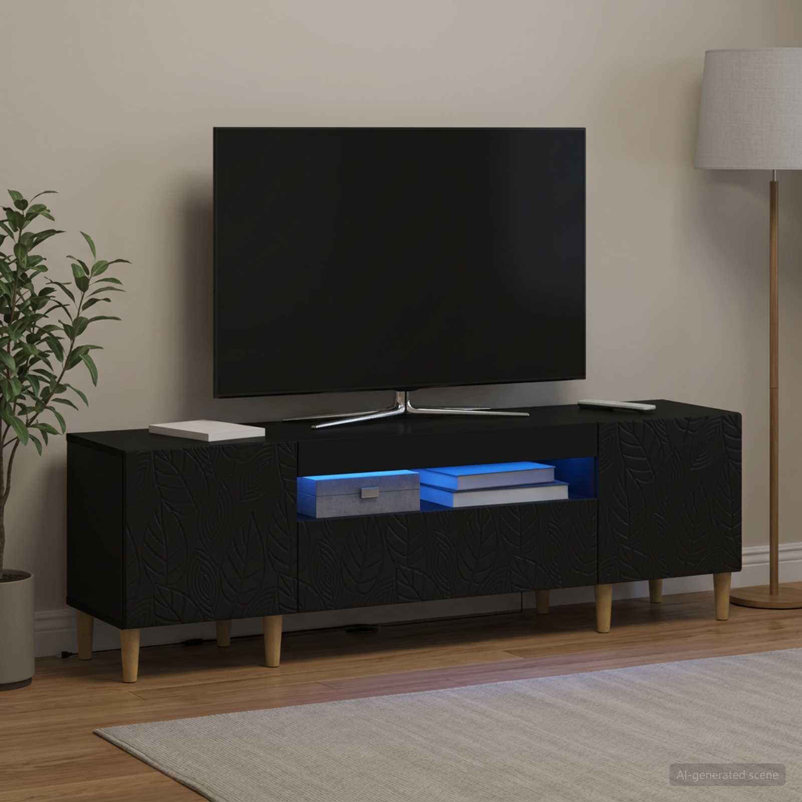 LED televizoriaus spintelė Juoda Apdirbta mediena