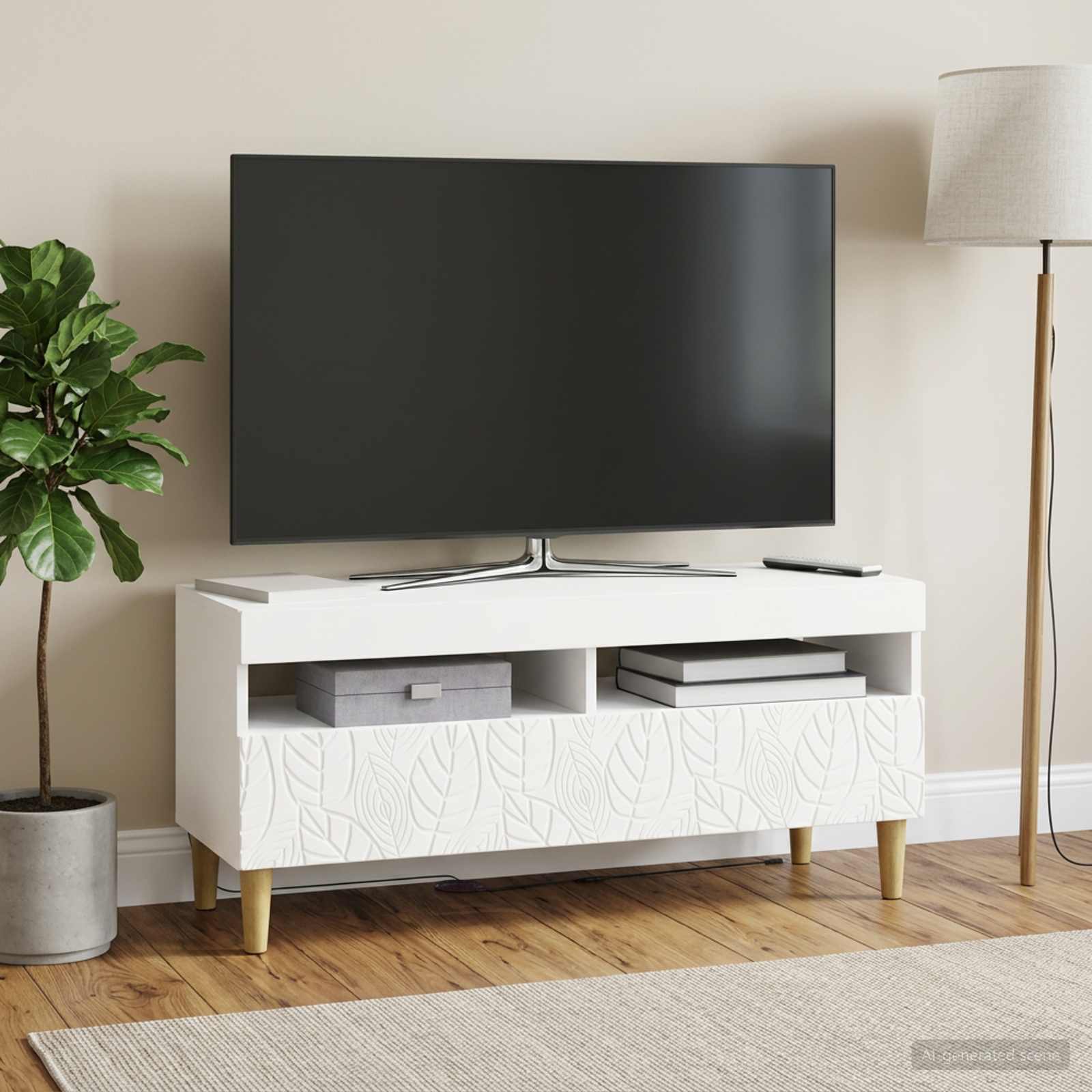 LED televizoriaus spintelė Balta Apdirbta mediena