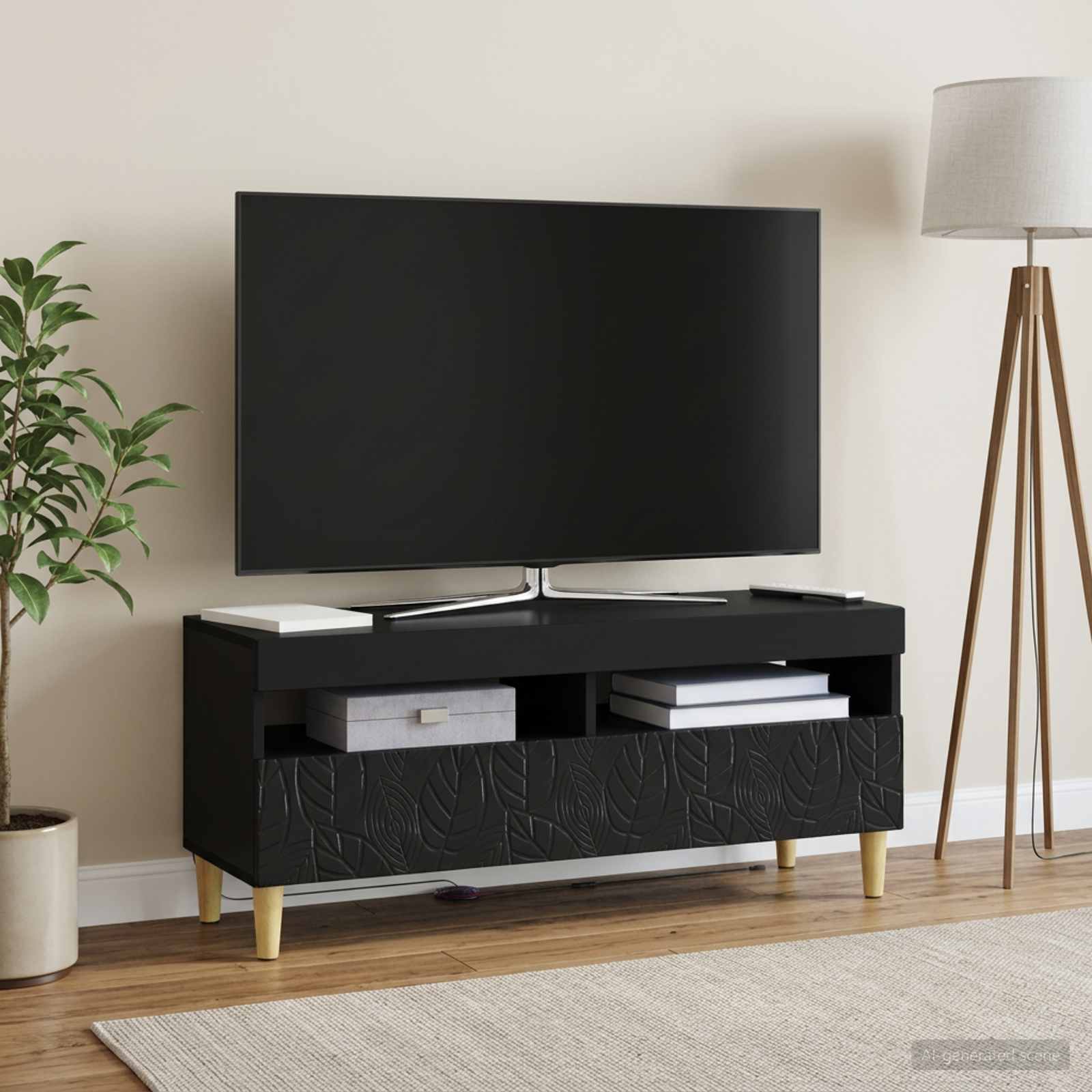 LED televizoriaus spintelė Juoda Apdirbta mediena