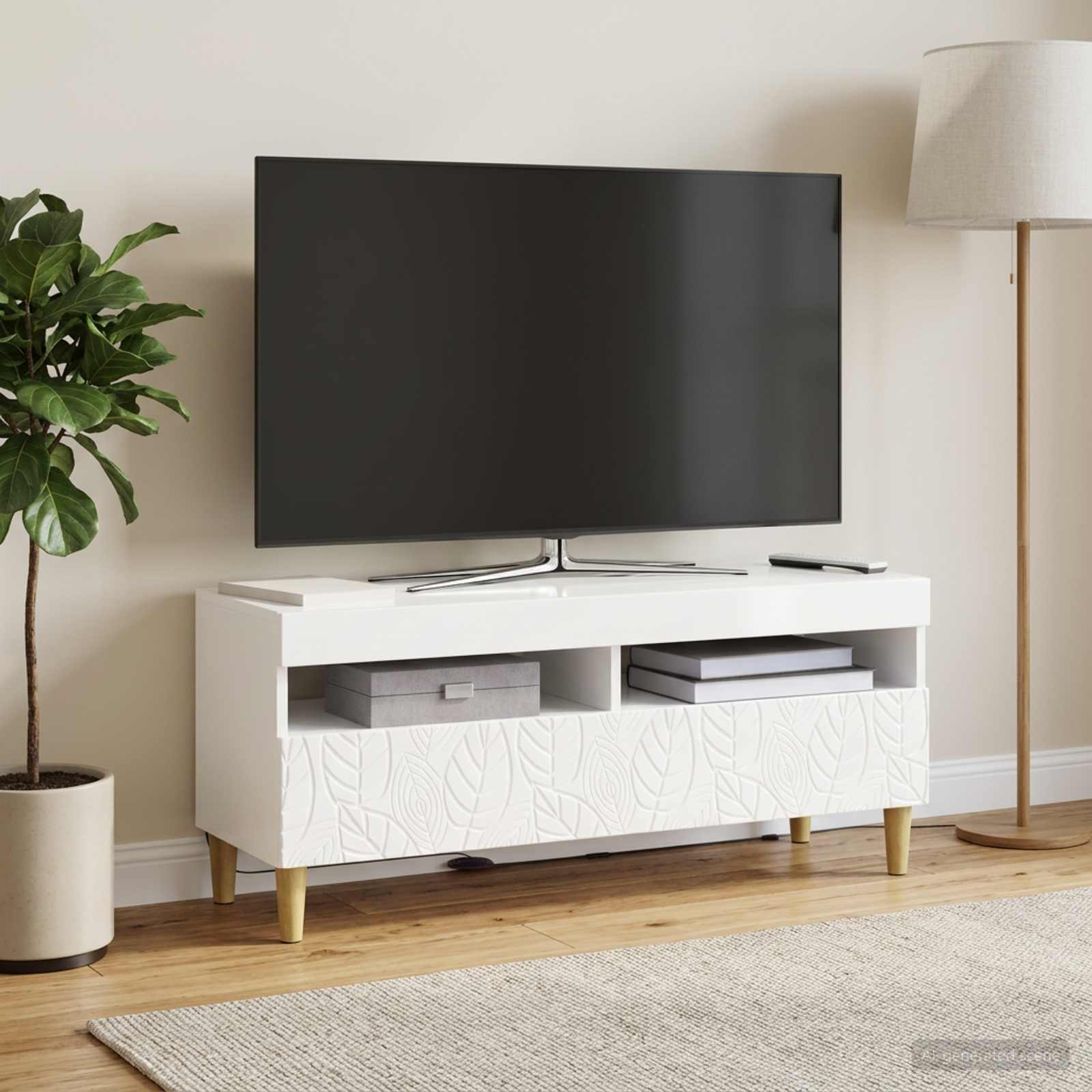 LED televizoriaus spintelė Itin blizgi balta Apdirbta mediena