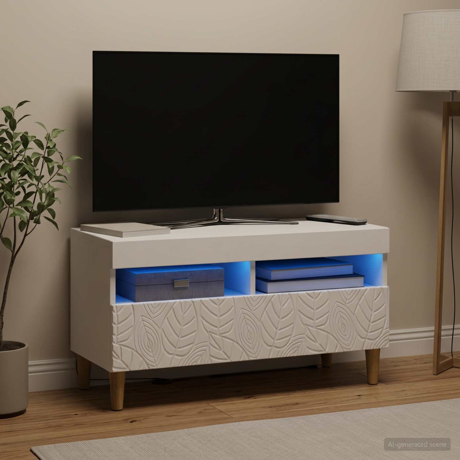 LED televizoriaus spintelė Balta Apdirbta mediena
