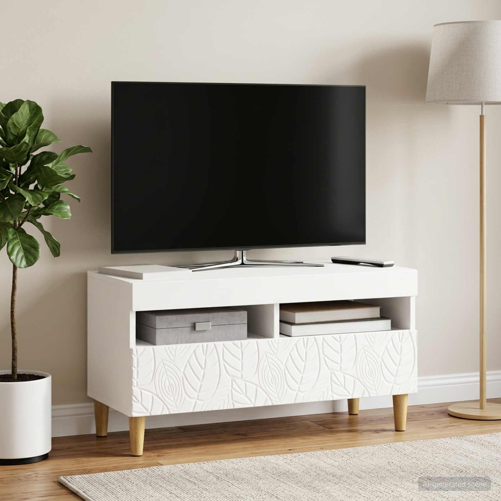 LED televizoriaus spintelė Balta Apdirbta mediena