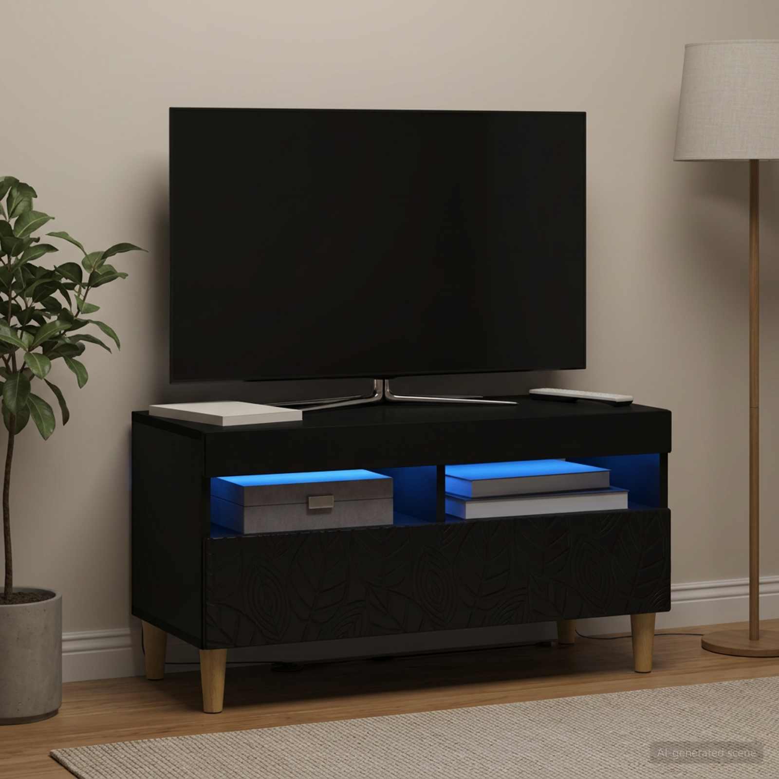LED televizoriaus spintelė Juoda Apdirbta mediena