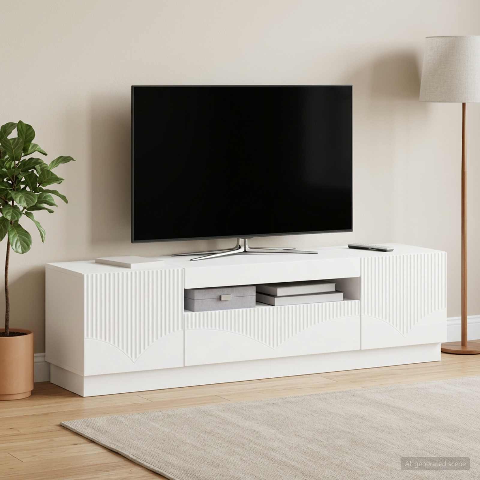 LED televizoriaus spintelė Balta Apdirbta mediena