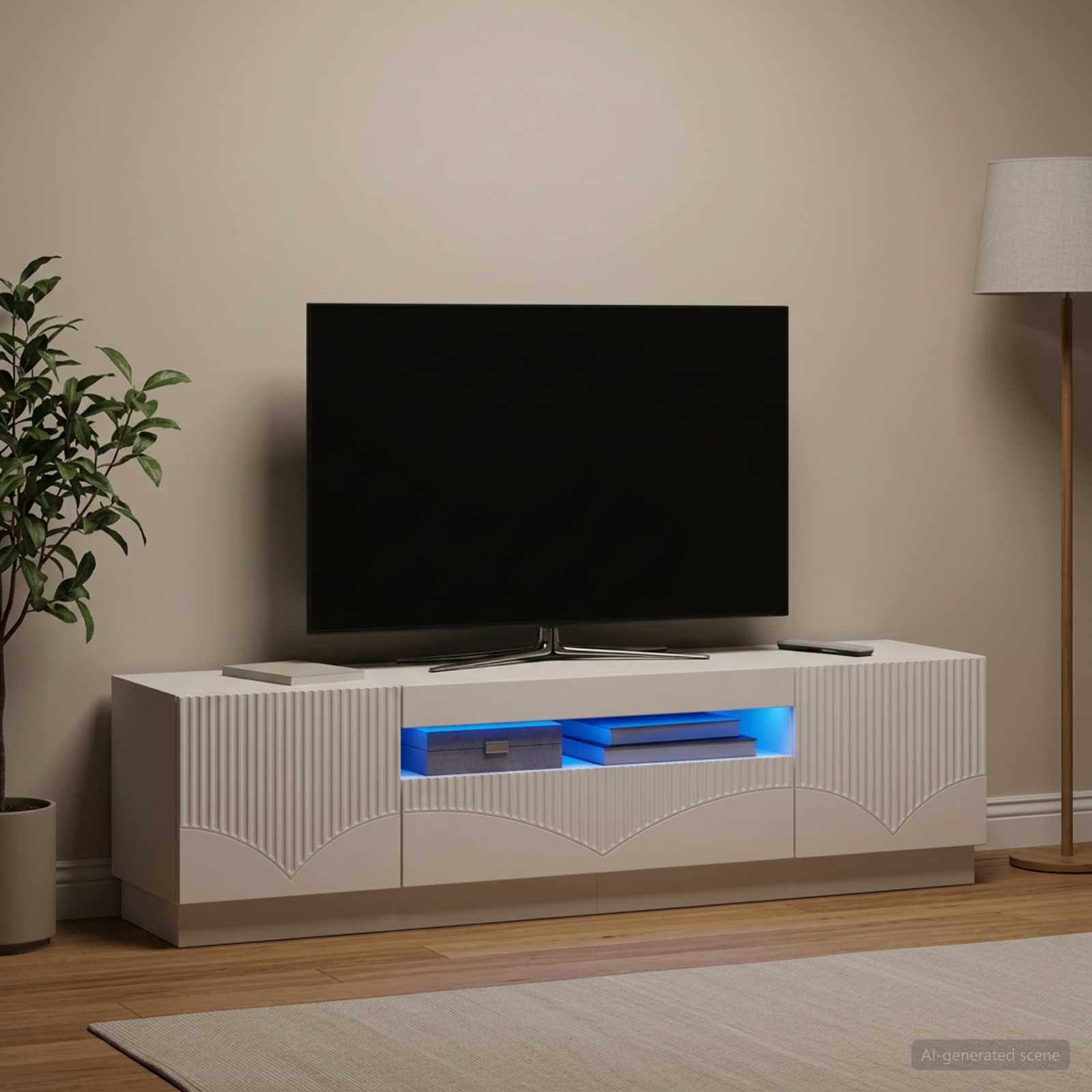 LED televizoriaus spintelė Balta Apdirbta mediena