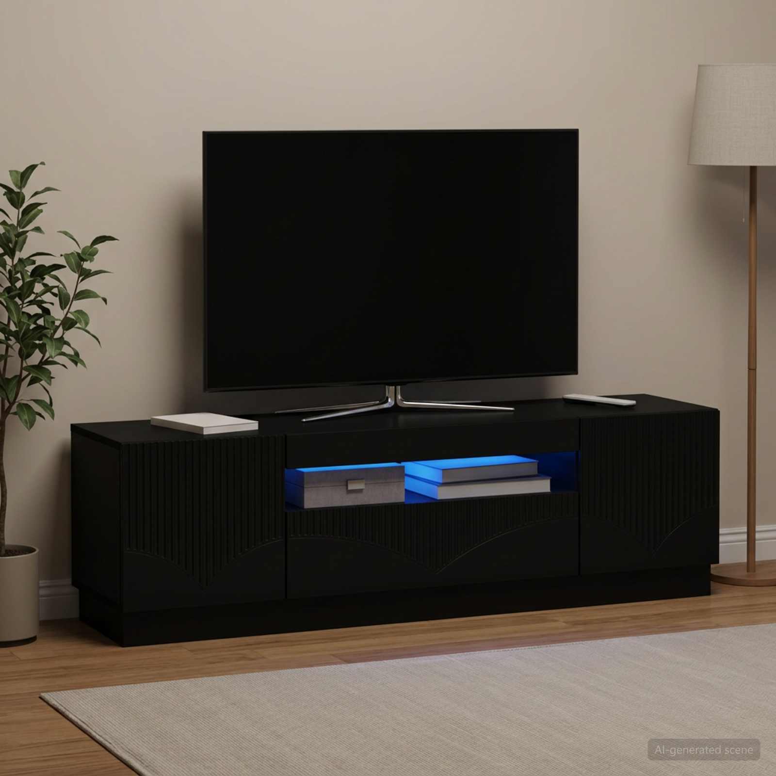LED televizoriaus spintelė Juoda Apdirbta mediena