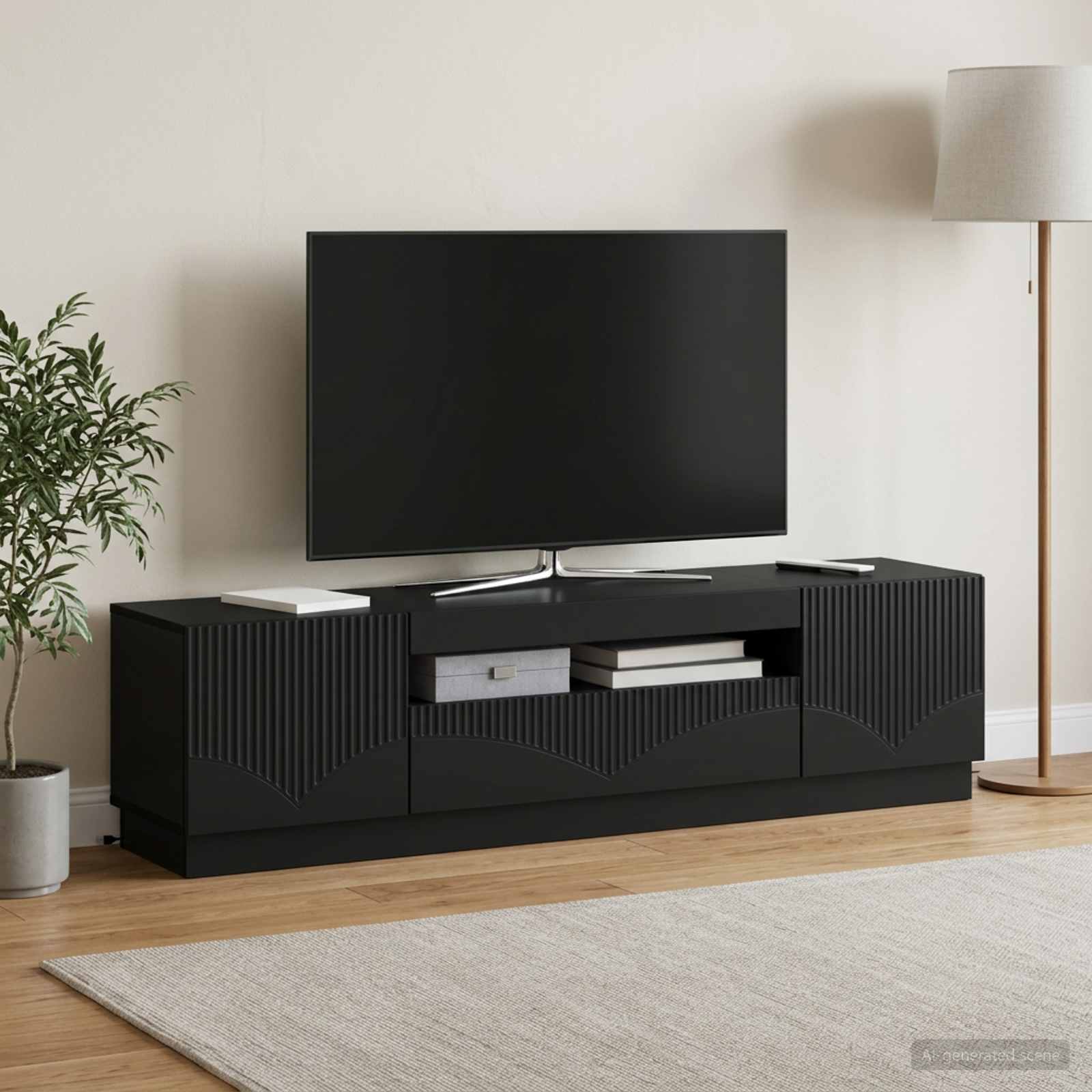 LED televizoriaus spintelė Juoda Apdirbta mediena