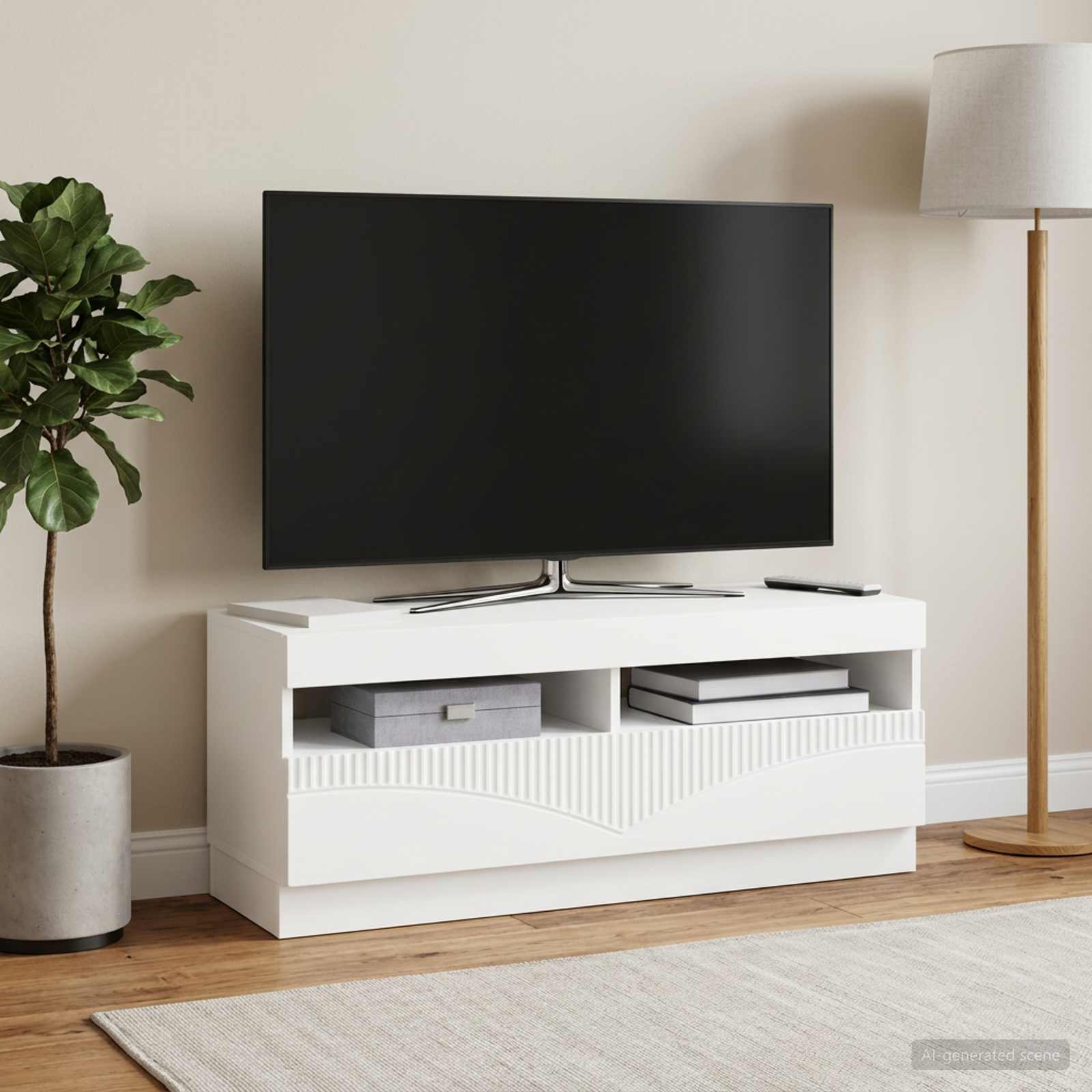 LED televizoriaus spintelė Balta Apdirbta mediena
