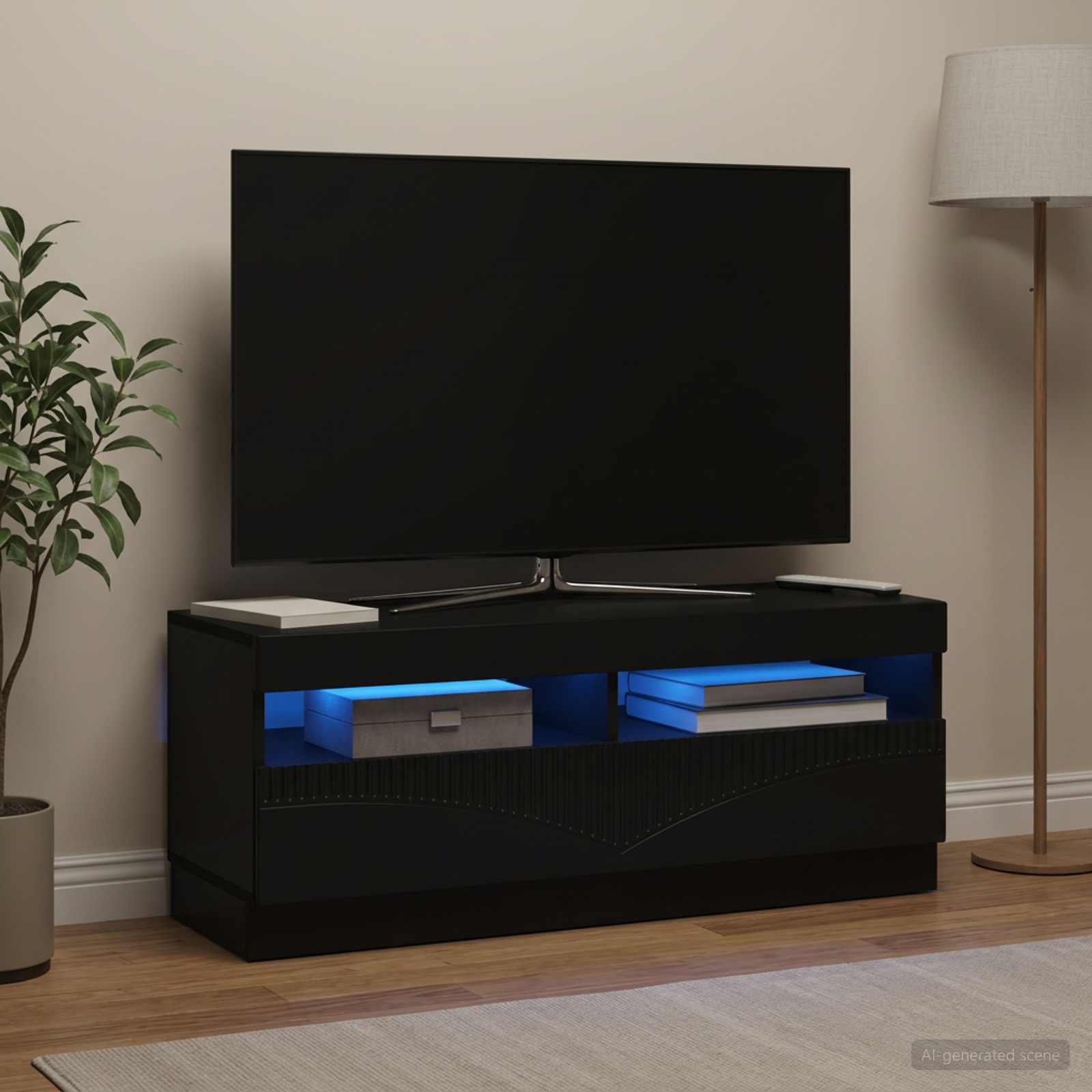 LED televizoriaus spintelė Juoda Apdirbta mediena