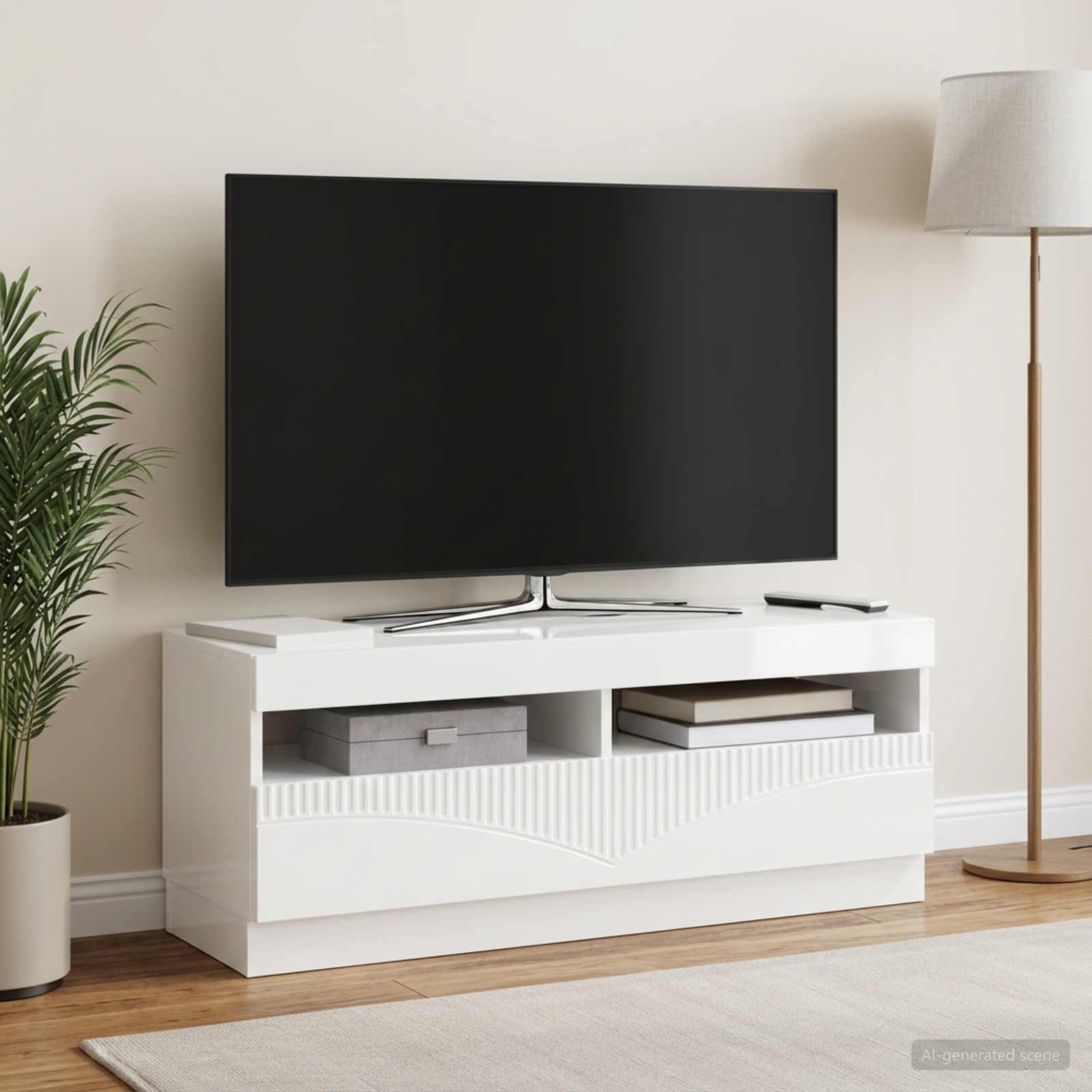 LED televizoriaus spintelė Itin blizgi balta Apdirbta mediena