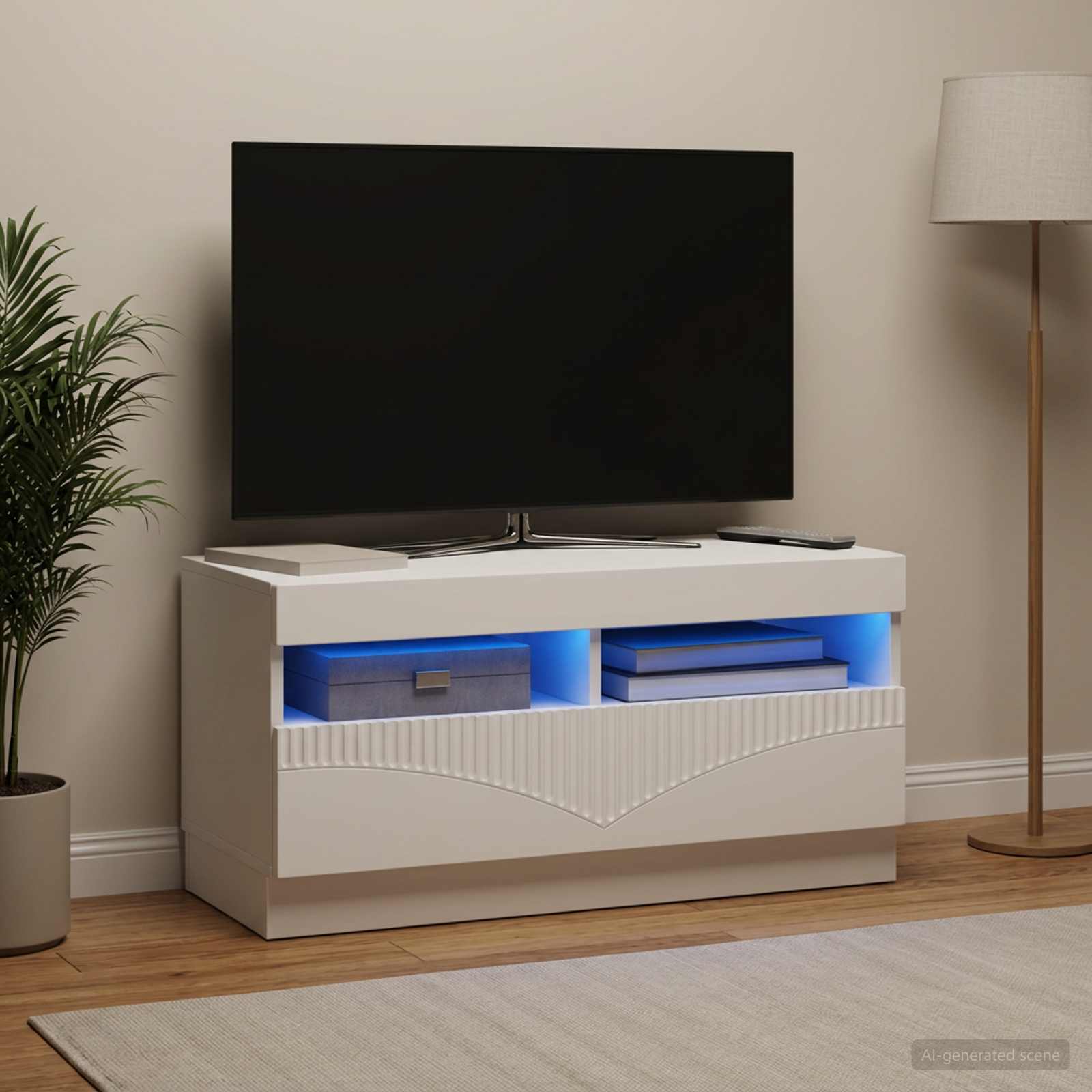 LED televizoriaus spintelė Balta Apdirbta mediena