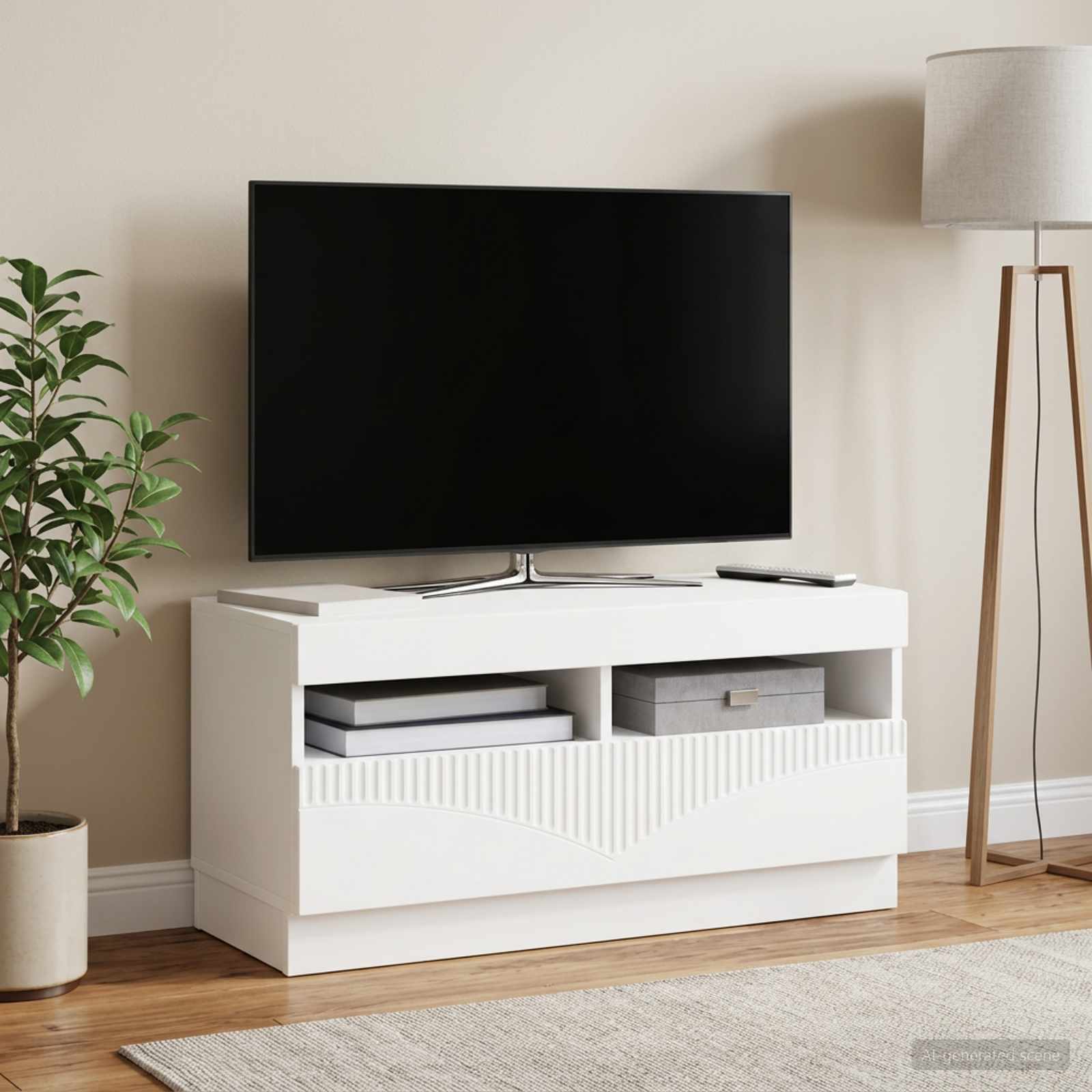 LED televizoriaus spintelė Balta Apdirbta mediena