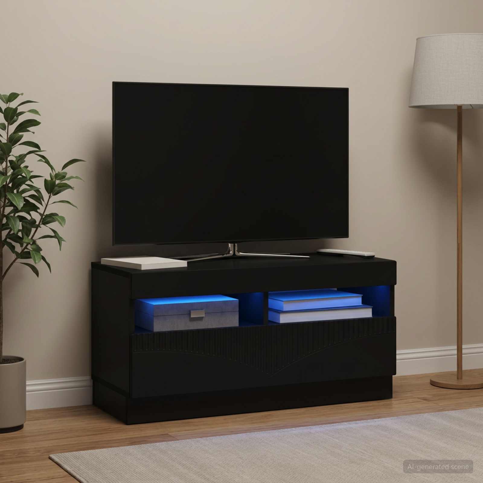 LED televizoriaus spintelė Juoda Apdirbta mediena