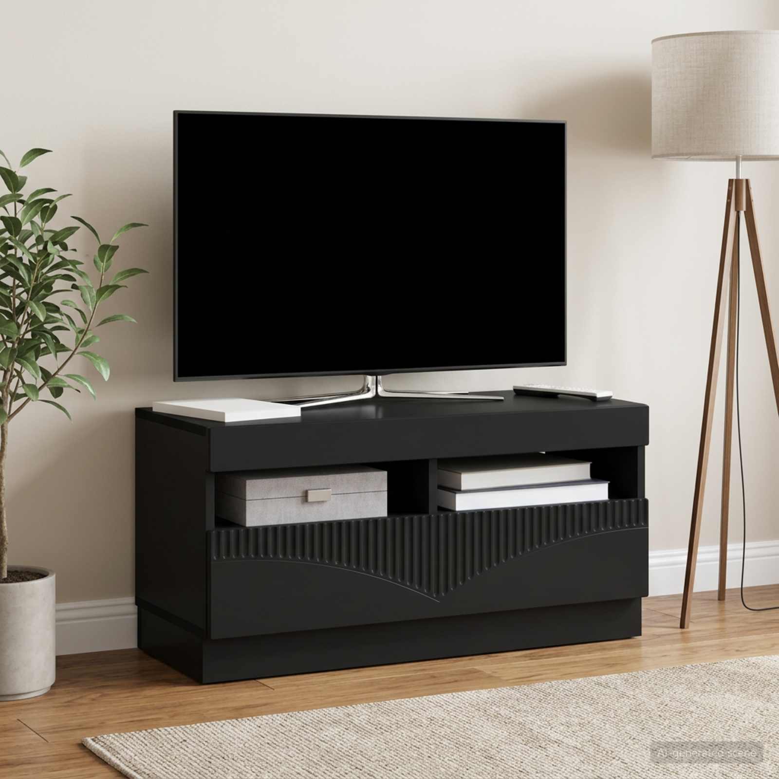 LED televizoriaus spintelė Juoda Apdirbta mediena