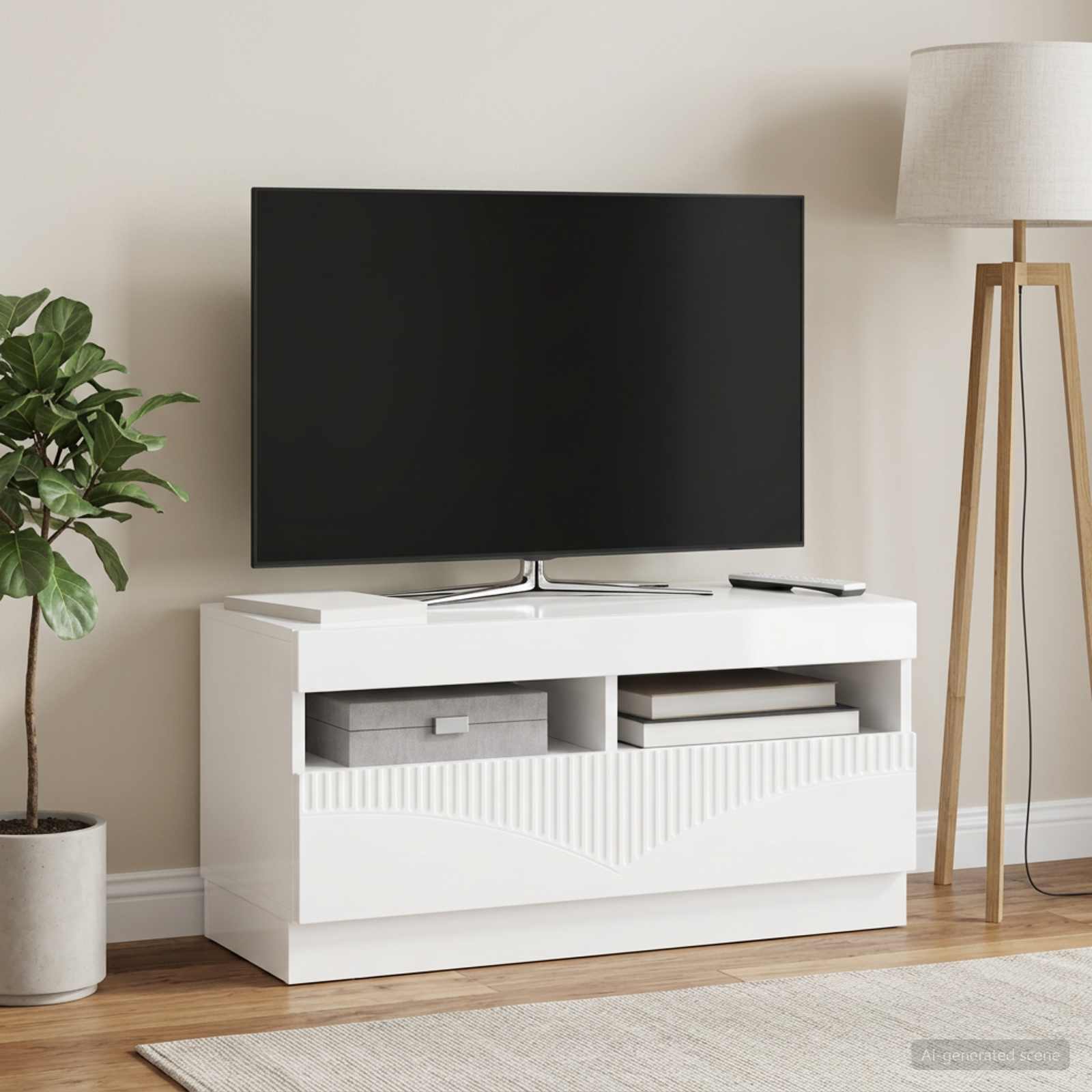 LED televizoriaus spintelė Itin blizgi balta Apdirbta mediena