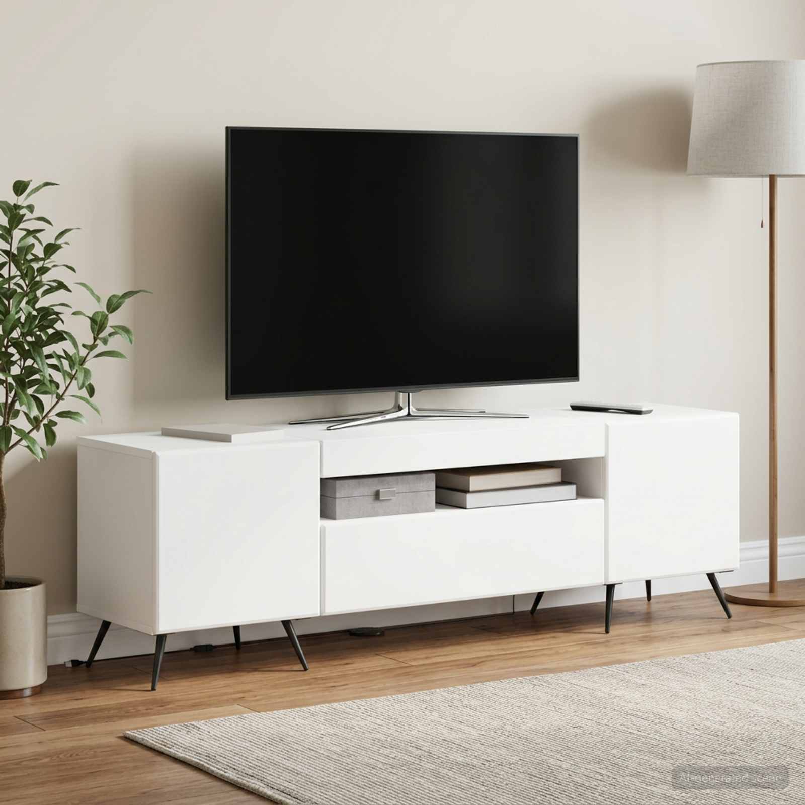 LED televizoriaus spintelė Balta Apdirbta mediena