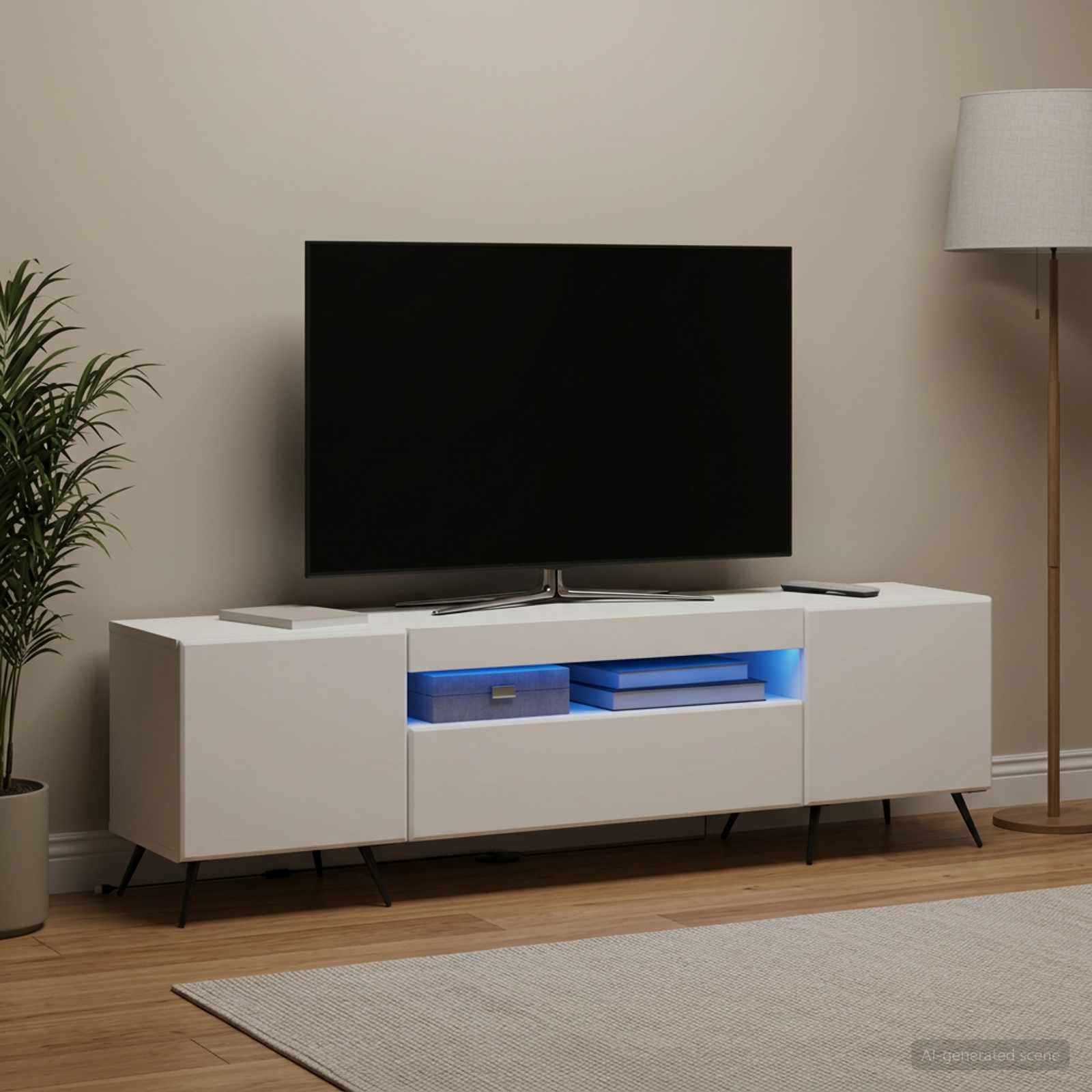 LED televizoriaus spintelė Balta Apdirbta mediena