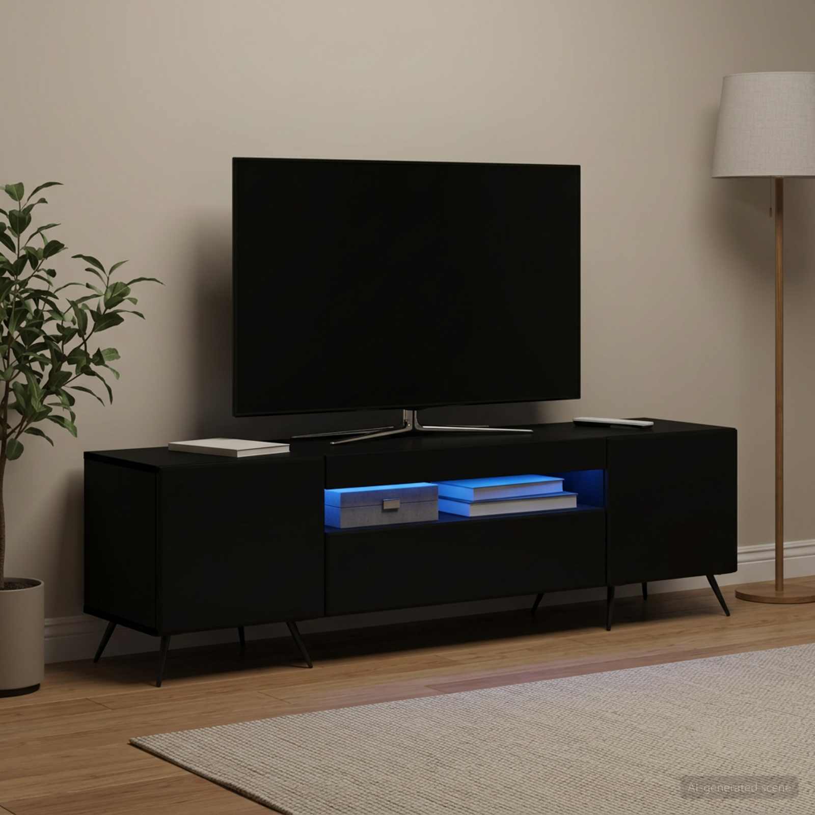 LED televizoriaus spintelė Juoda Apdirbta mediena