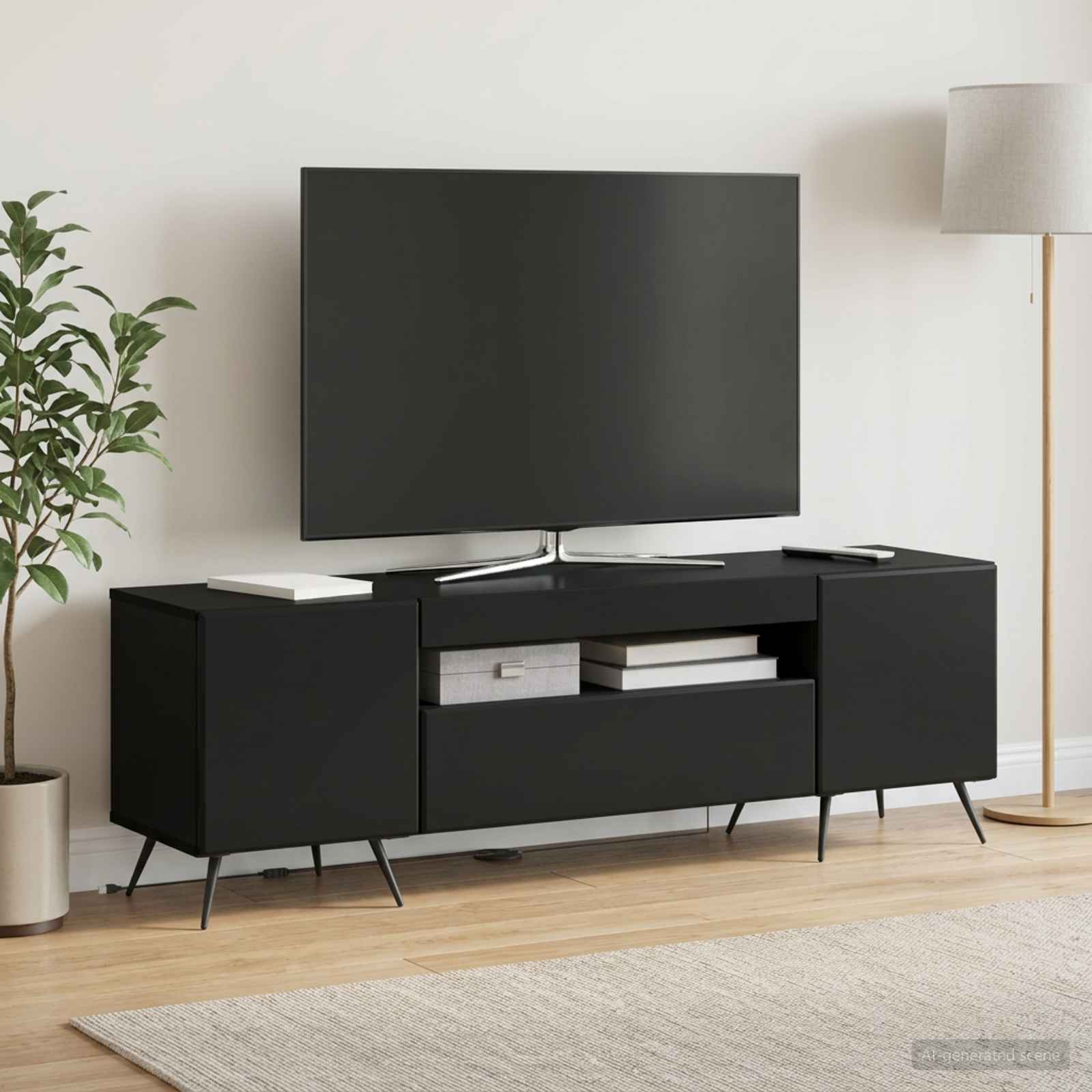 LED televizoriaus spintelė Juoda Apdirbta mediena