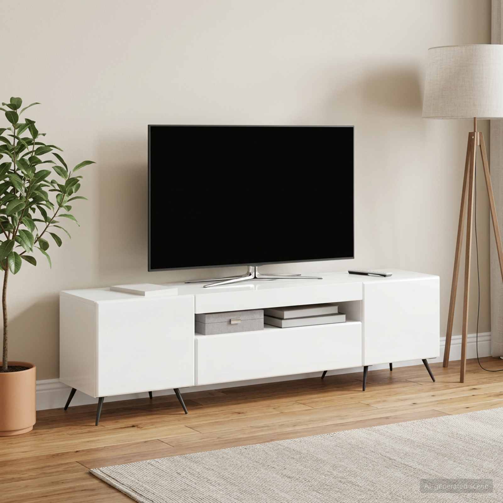 LED televizoriaus spintelė Itin blizgi balta Apdirbta mediena