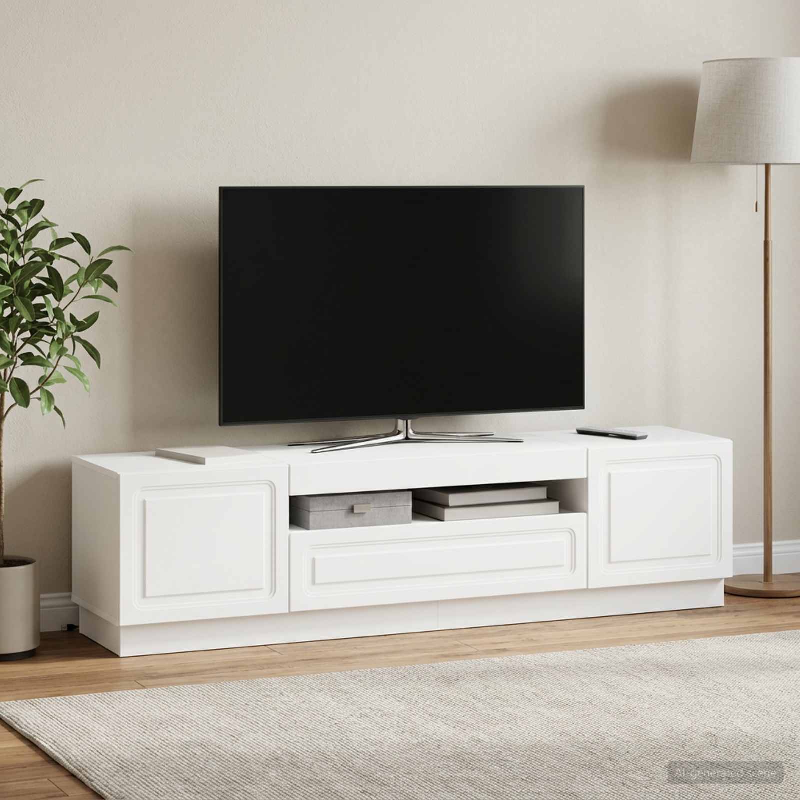 LED televizoriaus spintelė Balta Apdirbta mediena