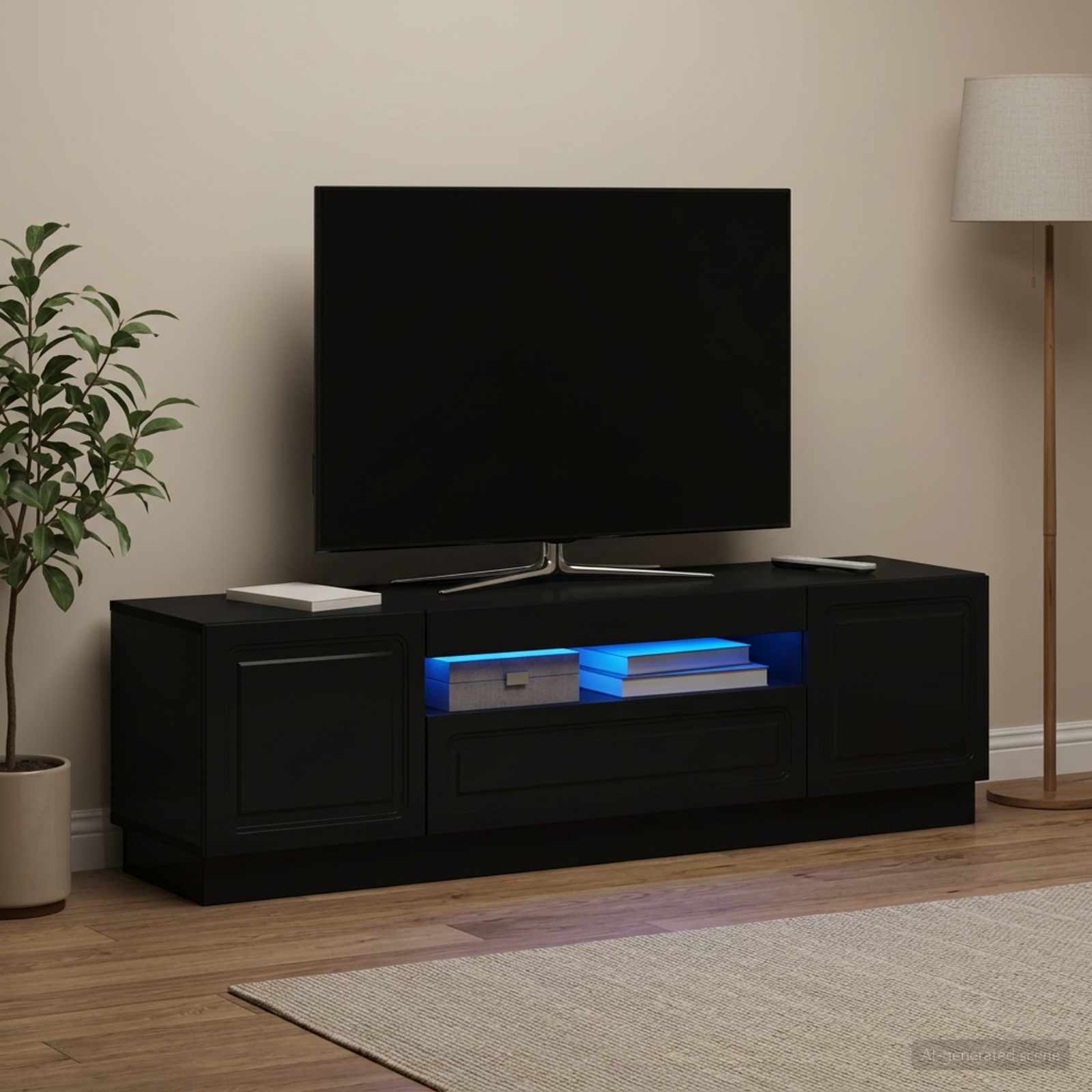 LED televizoriaus spintelė Juoda Apdirbta mediena