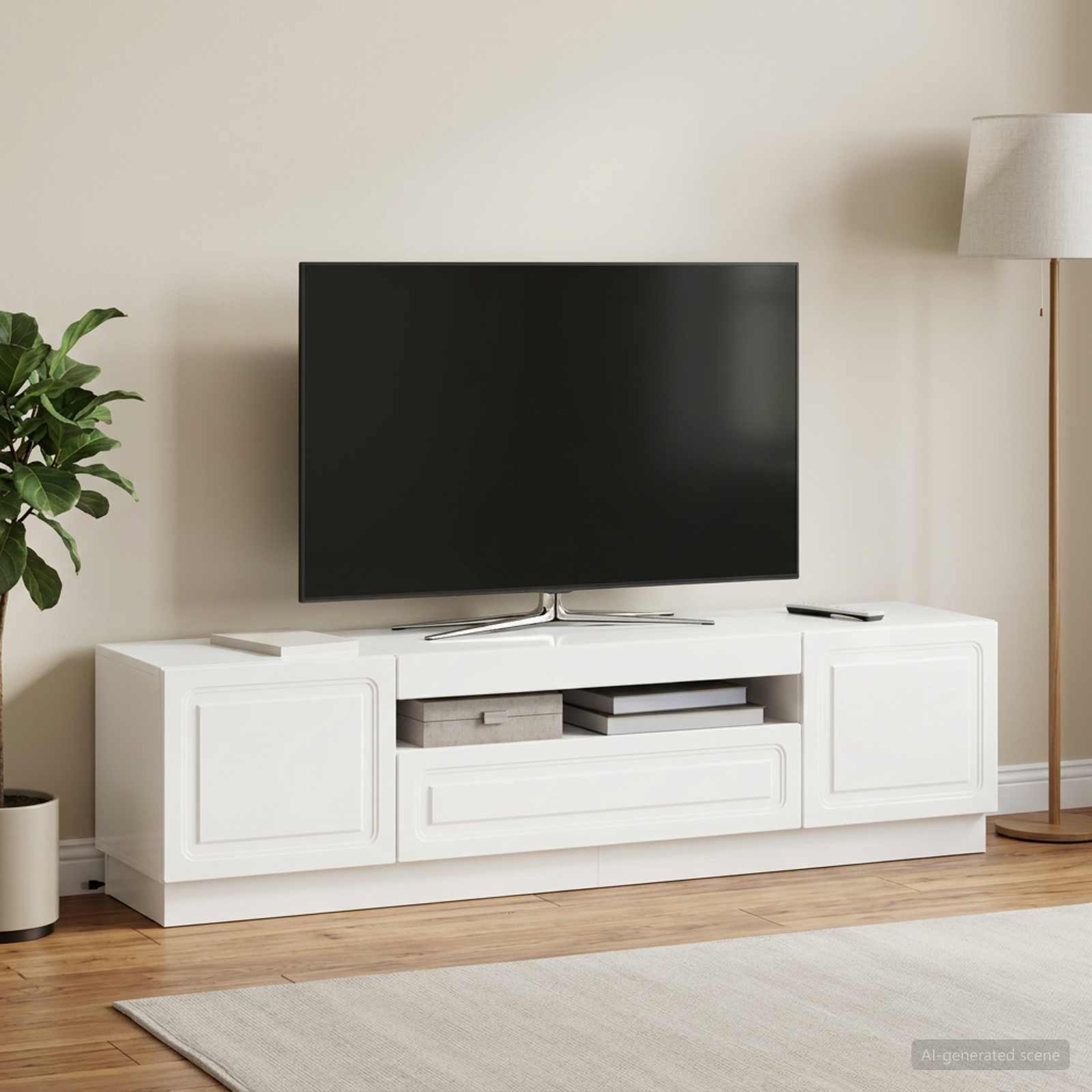 LED televizoriaus spintelė Itin blizgi balta Apdirbta mediena